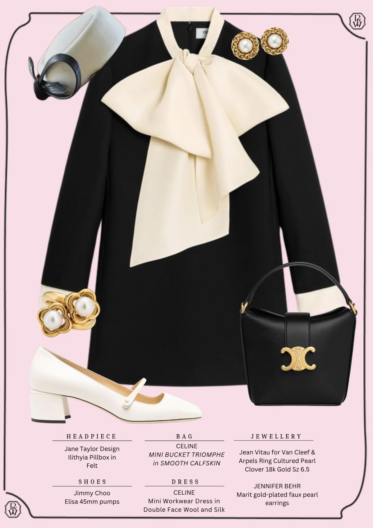 Prix de l’Arc de Triomphe Style, page 2: Jane Taylor Design Ilithyia Pillbox in Felt; CELINE MINI BUCKET TRIOMPHE in SMOOTH CALFSKIN; Jimmy Choo Elisa 45mm pumps; CELINE Mini Workwear Dress in Double Face Wool and Silk; Jean Vitau for Van Cleef & Arpels Ring Cultured Pearl Clover 18k Gold Sz 6.5…