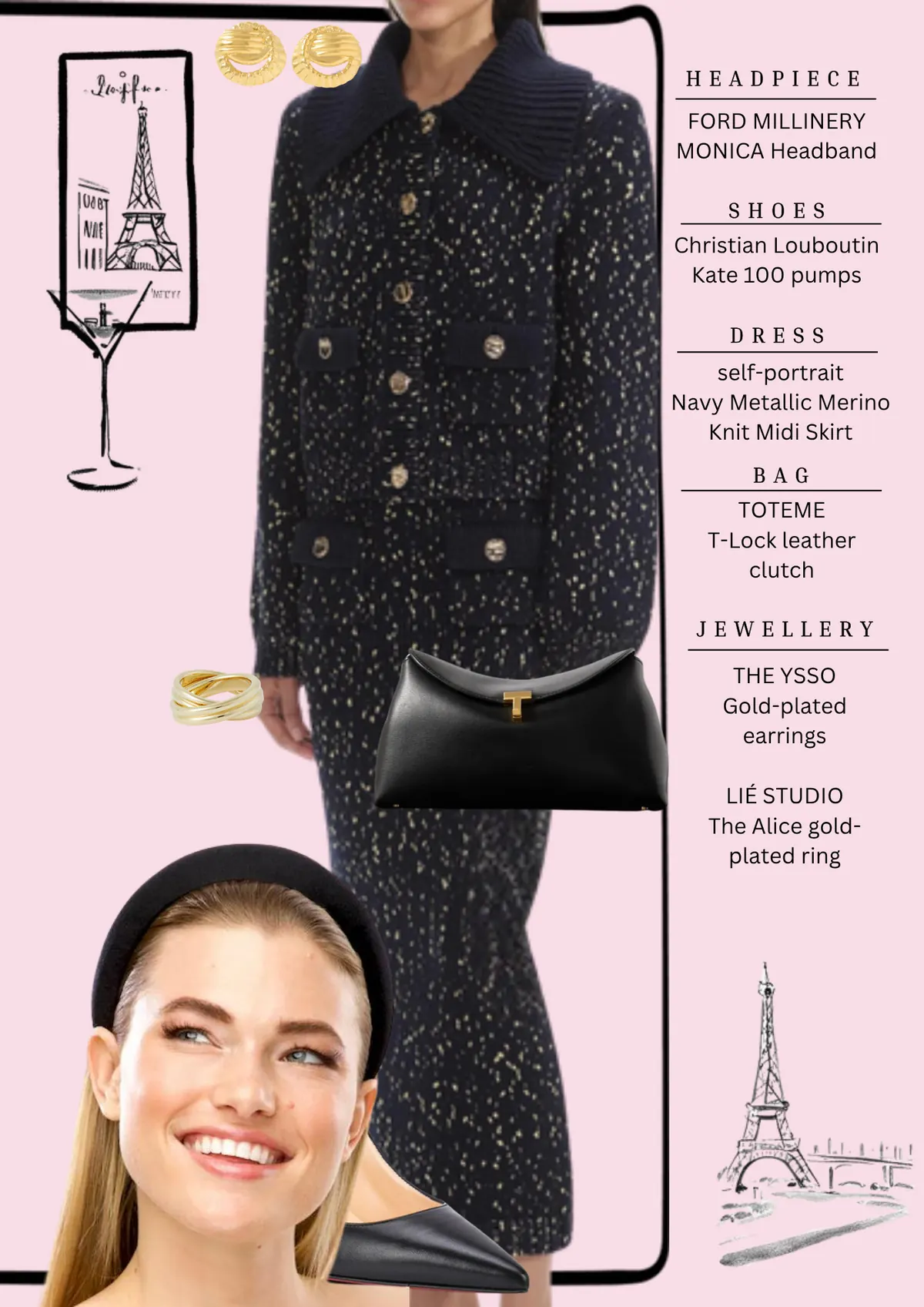 Prix de l’Arc de Triomphe Style, page 6: FORD MILLINERY MONICA Headband; Christian Louboutin Kate 100 pumps; self-portrait Navy Metallic Merino Knit Midi Skirt; TOTEME T-Lock leather clutch; THE YSSO Gold-plated LIÉ STUDIO The Alice goldplated ring