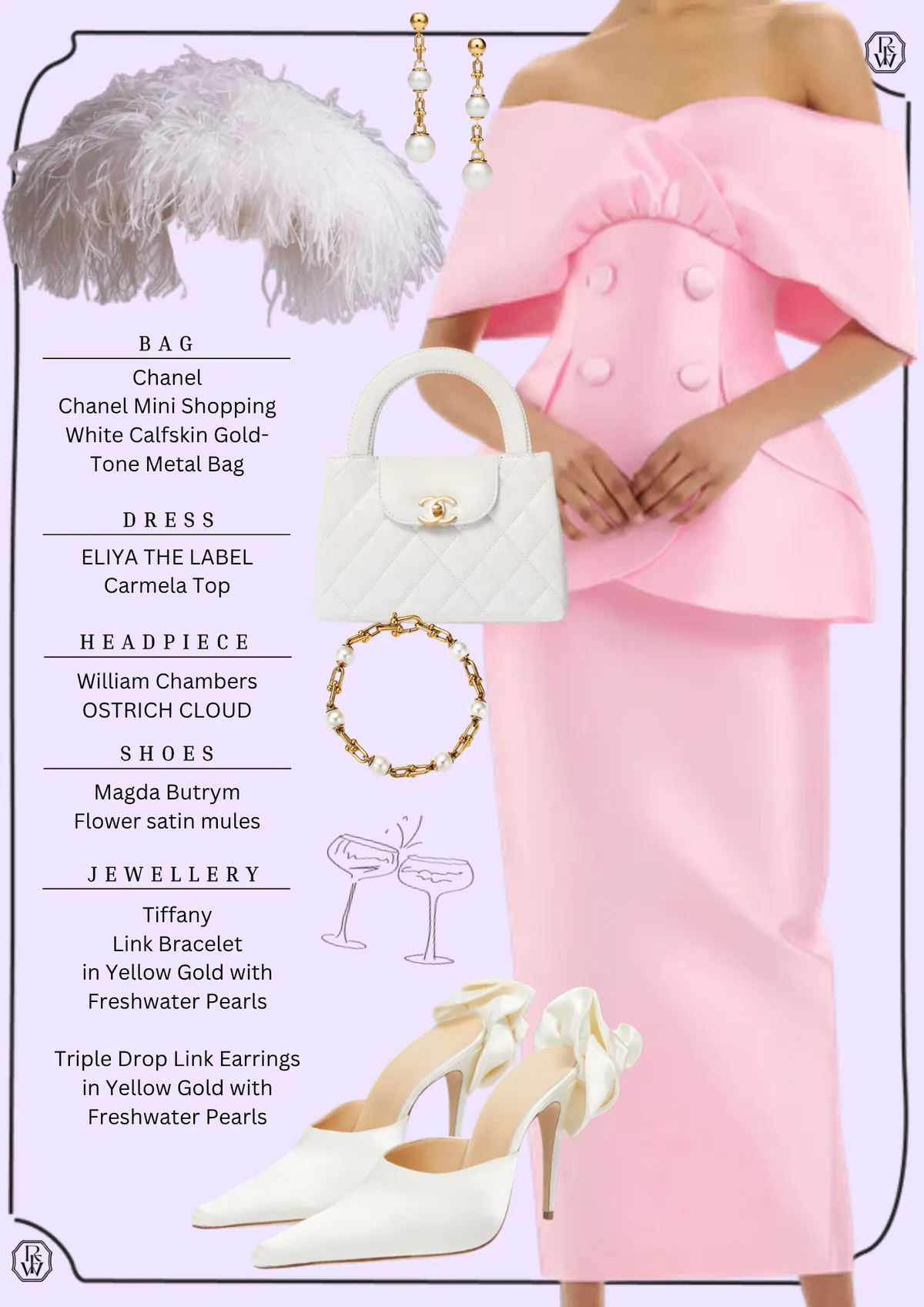 Caulfield Cup Style, page 2: Chanel Chanel Mini Shopping White Calfskin GoldTone Metal Bag; ELIYA THE LABEL Carmela Top; William Chambers OSTRICH CLOUD; Magda Butrym Flower satin mules; Tiffany Link Bracelet in Yellow Gold with Freshwater Pearls Triple Drop Link Earrings in Yellow Gold with…