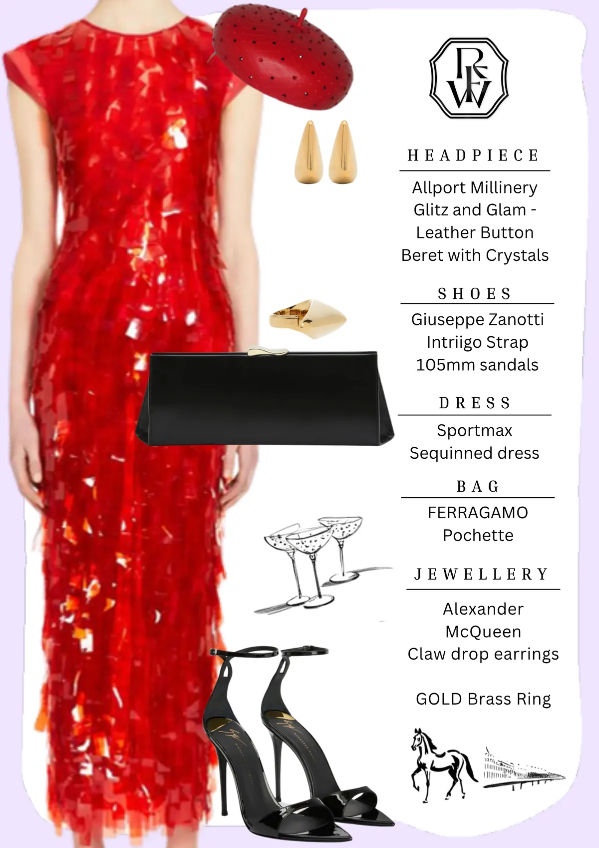 Caulfield Cup Style, page 3: Allport Millinery Glitz and Glam Leather Button Beret with Crystals; Giuseppe Zanotti Intriigo Strap 105mm sandals; Sportmax Sequinned dress; FERRAGAMO Pochette; Alexander McQueen Claw drop earrings GOLD Brass Ring