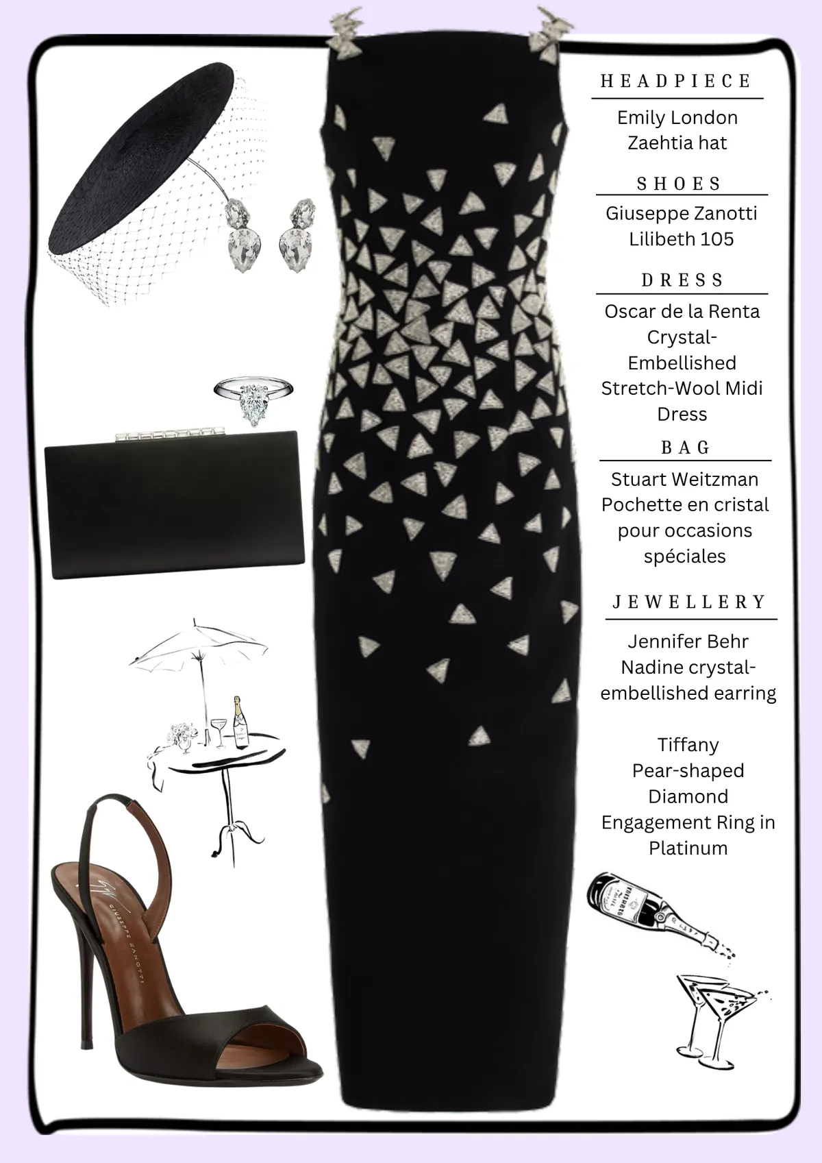 Caulfield Cup Style, page 4: Emily London Zaehtia hat; Giuseppe Zanotti Lilibeth 105; Oscar de la Renta CrystalEmbellished Stretch-Wool Midi; Stuart Weitzman Pochette en cristal pour occasions spéciales; Jennifer Behr Nadine crystalembellished earring Tiffany Pear-shaped Diamond Engagement Ring…