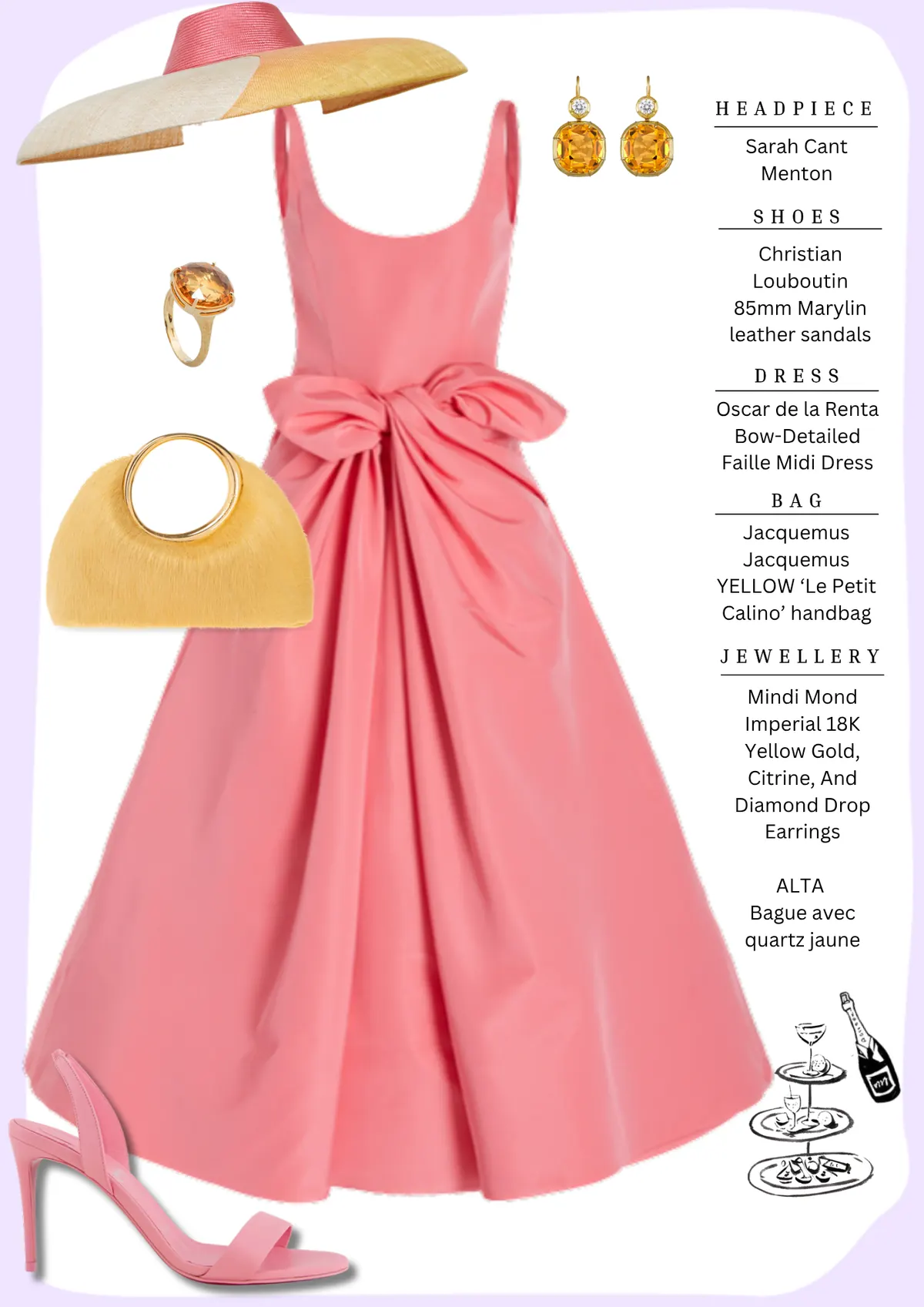 Caulfield Cup Style, page 5: Sarah Cant Menton; Christian Louboutin 85mm Marylin leather sandals; Oscar de la Renta Bow-Detailed Faille Midi Dress; Jacquemus Jacquemus YELLOW ‘Le Petit Calino’ handbag; Mindi Mond Imperial 18K Yellow Gold, Citrine, And Diamond Drop ALTA Bague avec quartz jaune