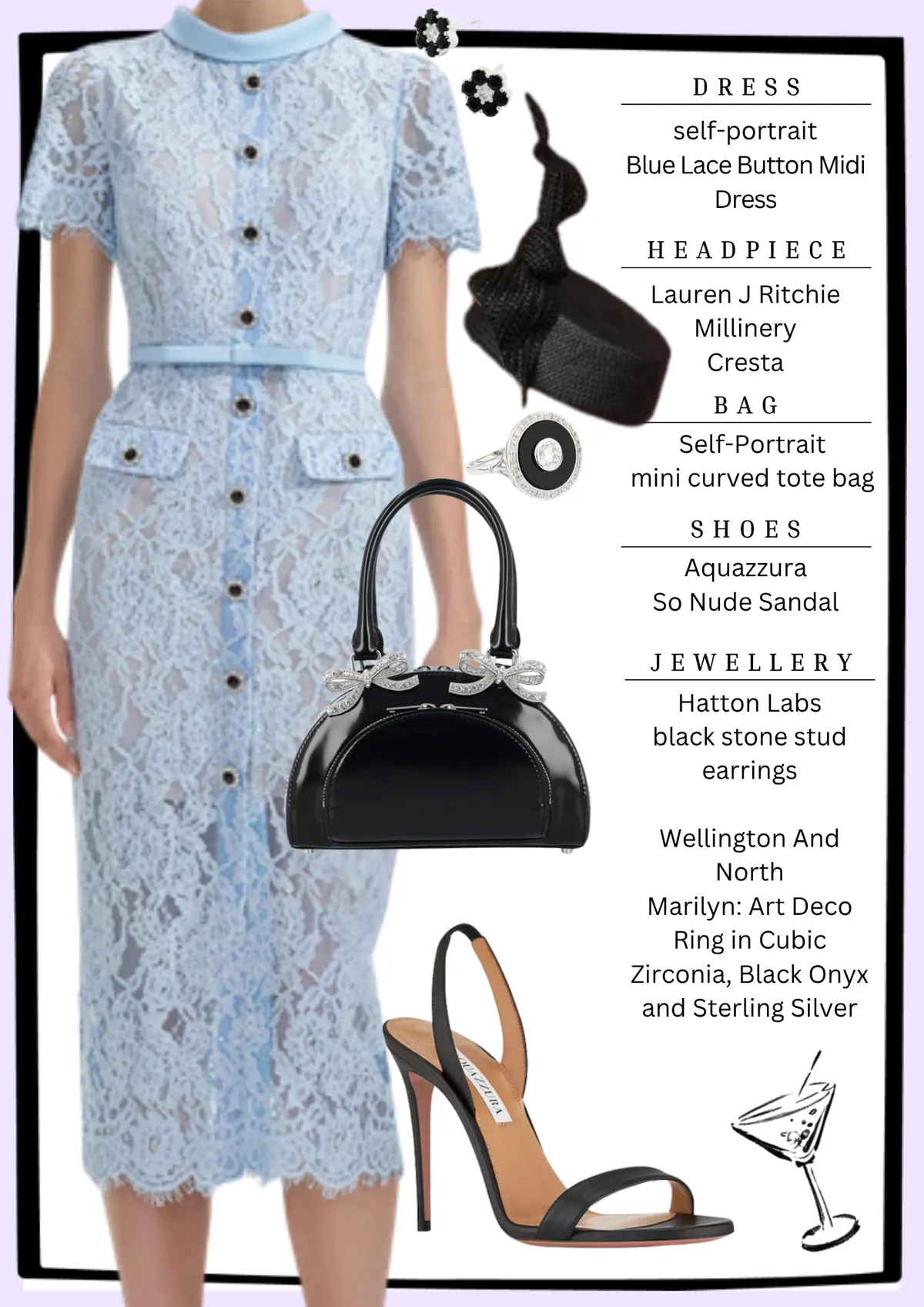 Caulfield Cup Style, page 6: self-portrait Blue Lace Button Midi; Lauren J Ritchie Cresta; Self-Portrait mini curved tote bag; Aquazzura So Nude Sandal; Hatton Labs black stone stud Wellington And North Marilyn: Art Deco Ring in Cubic Zirconia, Black Onyx and Sterling Silver