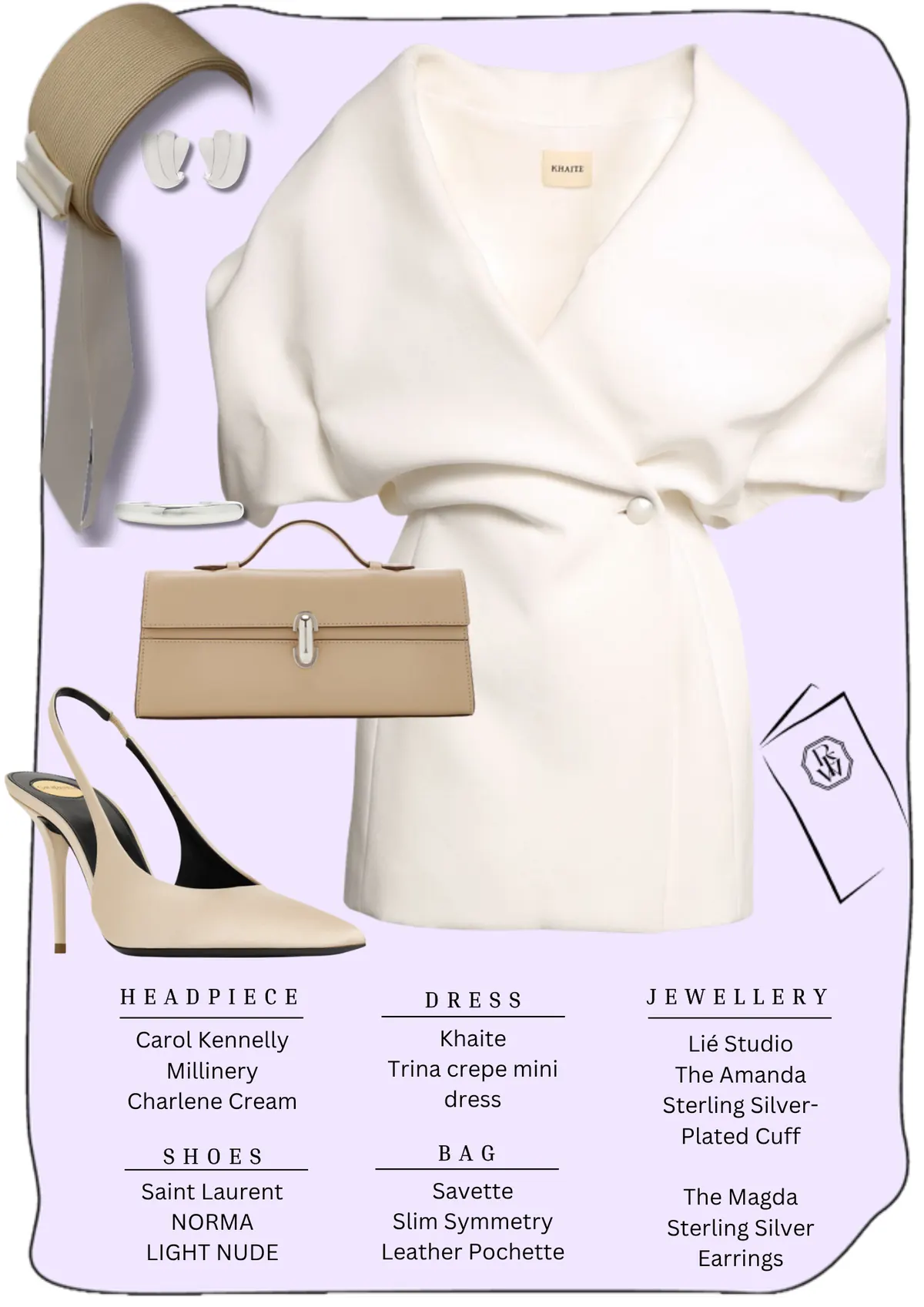 Caulfield Cup Style, page 7: Carol Kennelly Charlene Cream; Khaite Trina crepe mini; Lié Studio The Amanda Sterling SilverPlated Cuff; Saint Laurent NORMA LIGHT NUDE; Savette Slim Symmetry Leather Pochette; The Magda Sterling Silver