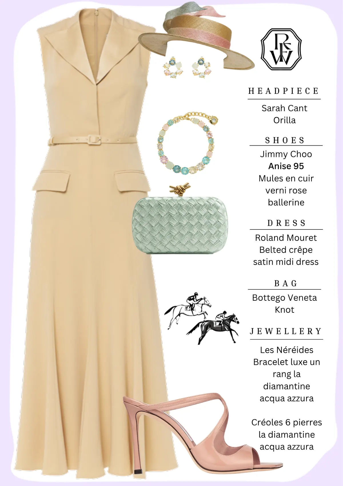 Caulfield Cup Style, page 9: Sarah Cant Orilla; Jimmy Choo Anise 95 Mules en cuir verni rose ballerine; Roland Mouret Belted crêpe satin midi dress; Bottego Veneta Knot; Les Néréides Bracelet luxe un rang la diamantine acqua azzura Créoles 6 pierres la diamantine acqua azzura