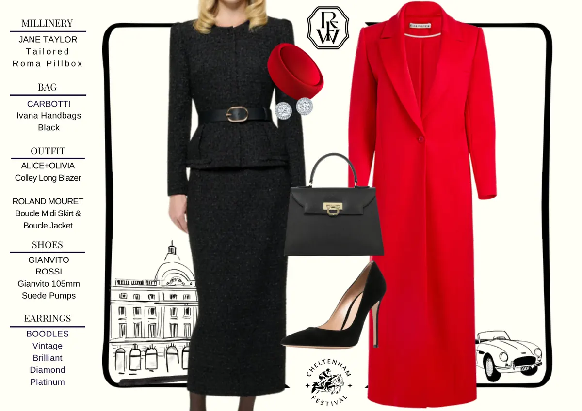 Cheltenham Style Guide, page 2: JANE TAYLOR Tailored Roma Pillbox; CARBOTTI Ivana Handbags Black; ALICE+OLIVIA Colley Long Blazer ROLAND MOURET Boucle Midi Skirt & Boucle Jacket; GIANVITO ROSSI Gianvito 105mm Suede Pumps; BOODLES Vintage Brilliant Diamond Platinum