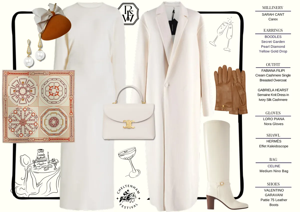 Cheltenham Style Guide, page 3: SARAH CANT Carex; BOODLES Secret Garden Pearl Diamond Yellow Gold Drop; FABIANA FILIPI Cream Cashmere Single Breasted Overcoat GABRIELA HEARST Semaine Knit Dress in Ivory Silk Cashmere; LORO PIANA Nora Gloves; SHAWL HERMĒS Effet Kaleidoscope; CELINE Medium Nino…