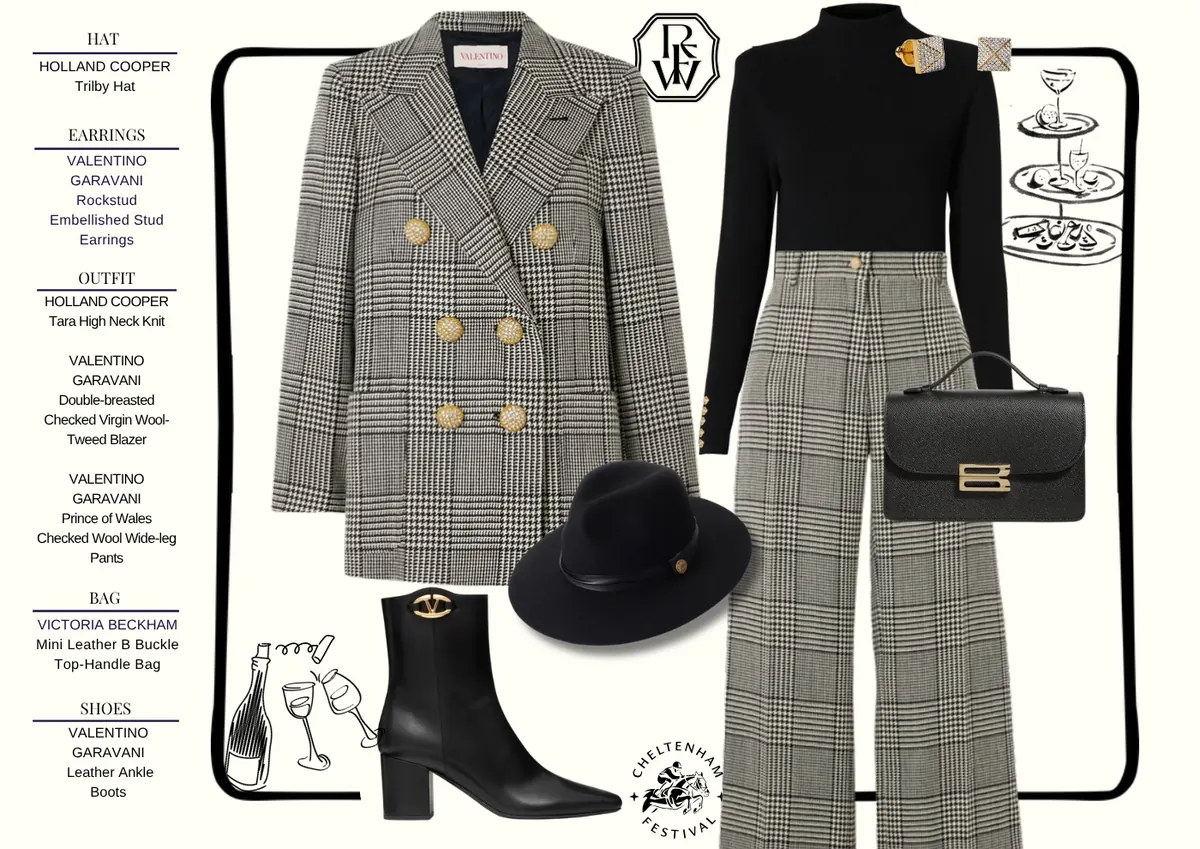 Cheltenham Style Guide, page 4: HOLLAND COOPER Trilby Hat; VALENTINO GARAVANI Rockstud Embellished Stud; HOLLAND COOPER Tara High Neck Knit VALENTINO GARAVANI Double-breasted Checked Virgin WoolTweed Blazer VALENTINO GARAVANI Prince of Wales Checked Wool Wide-leg; VICTORIA BECKHAM Mini Leather B…
