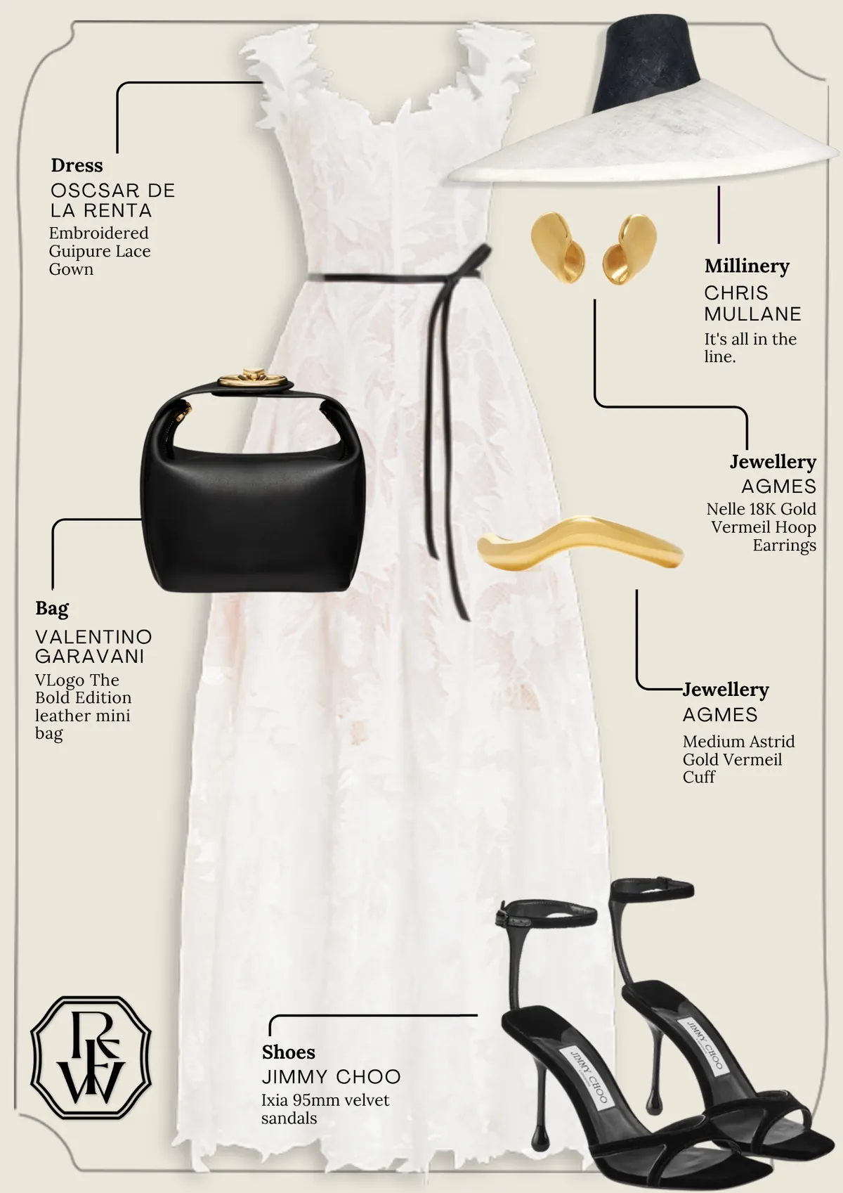 Derby Day Style Guide, page 2: OSCSAR DE LA RENTA Embroidered Guipure Lace Gown; CHRIS MULLANE It's all in the line.; AGMES Nelle 18K Gold Vermeil Hoop; VALENTINO GARAVANI VLogo The Bold Edition leather mini; AGMES Medium Astrid Gold Vermeil Cuff; JIMMY CHOO Ixia 95mm velvet sandals