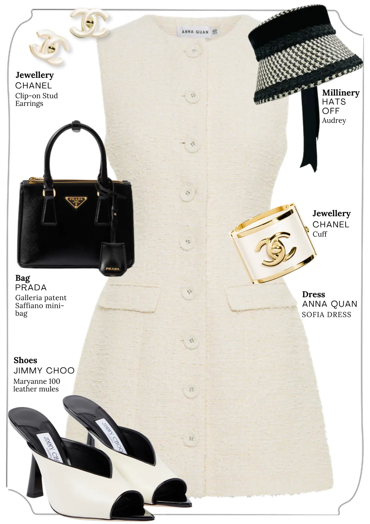 Derby Day Style Guide, page 3: CHANEL Clip-on Stud; OFF; Audrey; CHANEL Cuff; PRADA Galleria patent Saffiano minibag; JIMMY CHOO Maryanne 100 leather mules; ANNA QUAN SOFIA DRESS