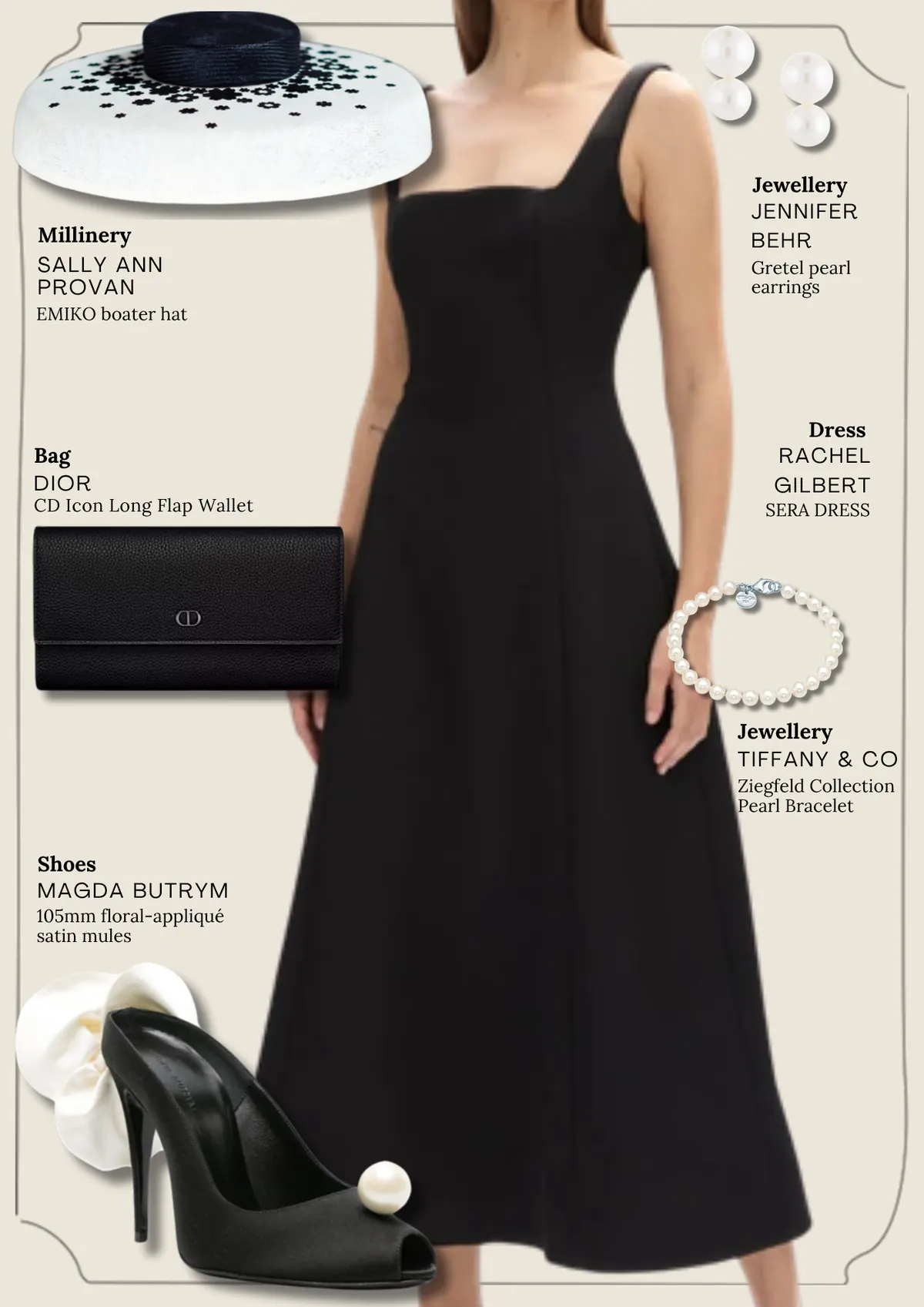 Derby Day Style Guide, page 4: SALLY ANN PROVAN; JENNIFER BEHR Gretel pearl; EMIKO boater hat; DIOR; CD Icon Long Flap Wallet; RACHEL GILBERT SERA DRESS; Ziegfeld Collection Pearl Bracelet; MAGDA BUTRYM 105mm floral-appliqué satin mules