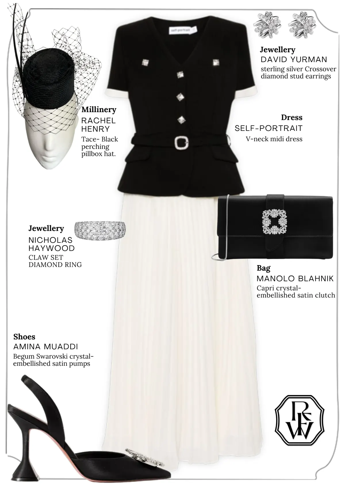 Derby Day Style Guide, page 5: DAVID YURMAN sterling silver Crossover diamond stud earrings; RACHEL HENRY Tace- Black perching pillbox hat.; SELF-PORTRAIT V-neck midi dress; NICHOLAS HAYWOOD CLAW SET DIAMOND RING; MANOLO BLAHNIK Capri crystalembellished satin clutch; AMINA MUADDI Begum Swarovski…