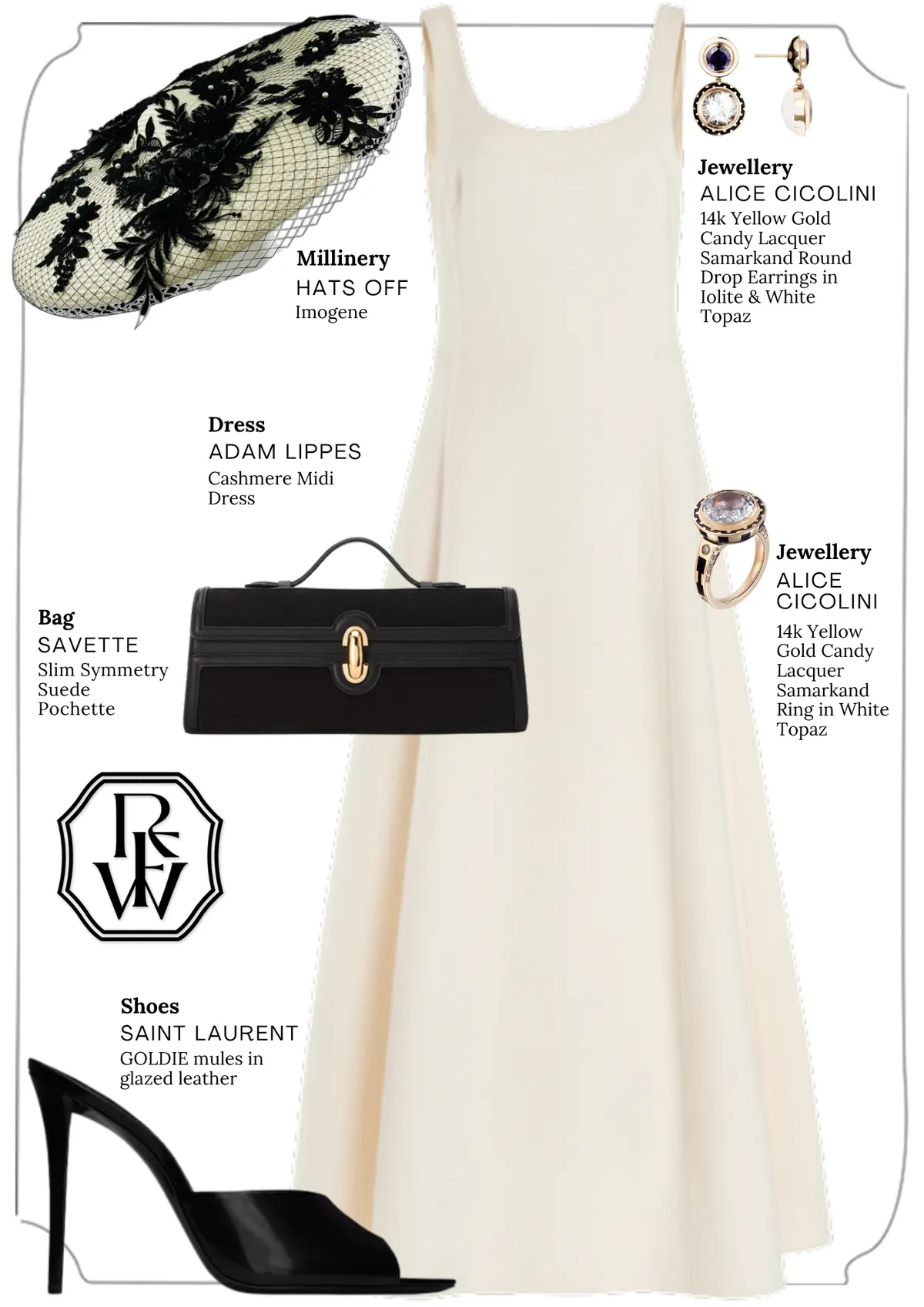 Derby Day Style Guide, page 7: ALICE CICOLINI; HATS OFF Imogene; 14k Yellow Gold Candy Lacquer Samarkand Round Drop Earrings in Iolite & White Topaz; ADAM LIPPES Cashmere Midi; SAVETTE Slim Symmetry Suede Pochette; SAINT LAURENT GOLDIE mules in glazed leather; ALICE CICOLINI 14k Yellow Gold…