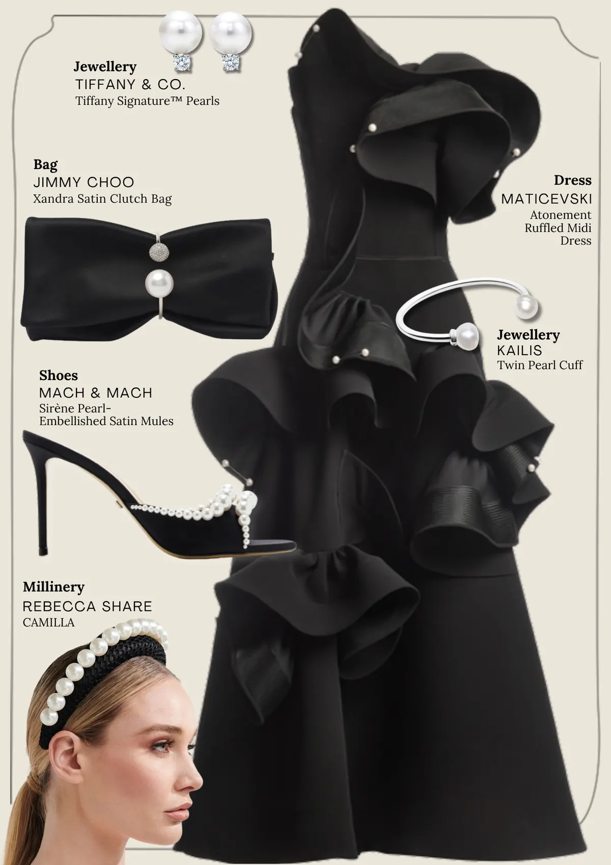 Derby Day Style Guide, page 8: TIFFANY & CO. Tiffany Signature™ Pearls; JIMMY CHOO Xandra Satin Clutch Bag; MATICEVSKI Atonement Ruffled Midi; KAILIS MACH & MACH; Sirène PearlEmbellished Satin Mules; REBECCA SHARE CAMILLA; Twin Pearl Cuff