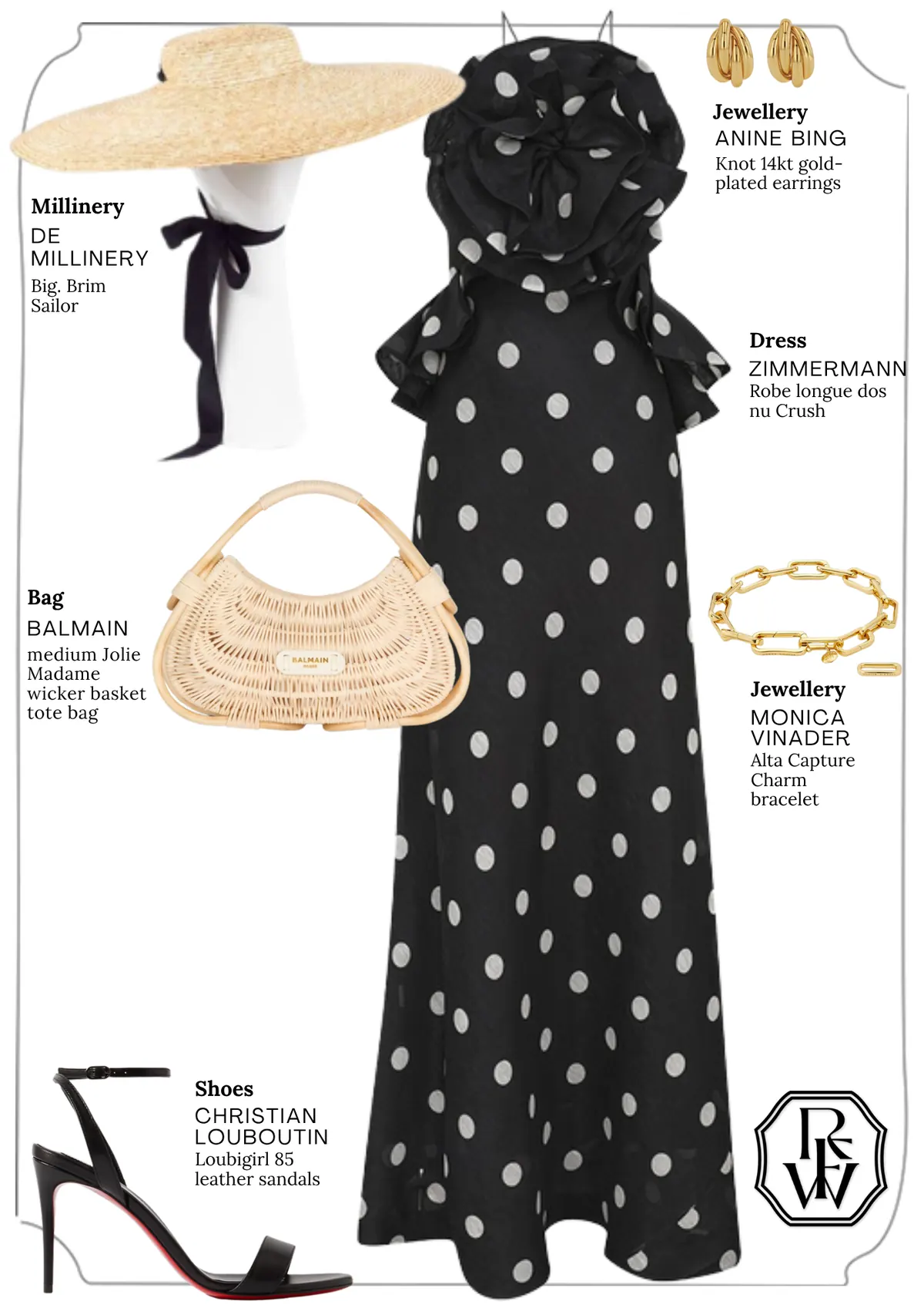 Derby Day Style Guide, page 9: ANINE BING Knot 14kt goldplated earrings; Big. Brim Sailor; ZIMMERMANN Robe longue dos nu Crush; BALMAIN medium Jolie Madame wicker basket tote bag; MONICA VINADER; Alta Capture Charm; CHRISTIAN LOUBOUTIN Loubigirl 85 leather sandals