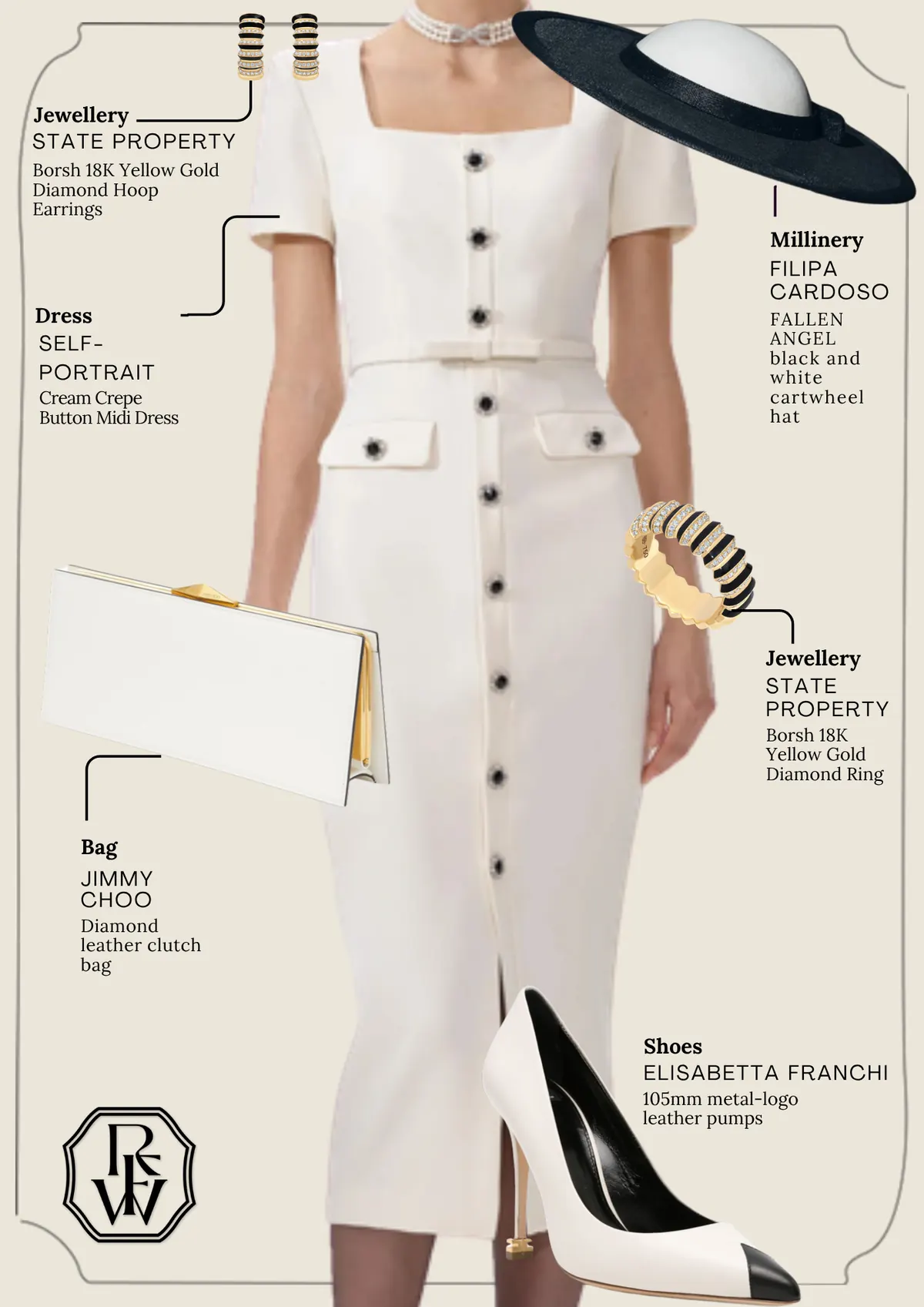 Derby Day Style Guide, page 10: STATE PROPERTY Borsh 18K Yellow Gold Diamond Hoop; SELFPORTRAIT Cream Crepe Button Midi Dress; FILIPA CARDOSO FALLEN ANGEL black and white cartwheel; STATE PROPERTY Borsh 18K Yellow Gold Diamond Ring; JIMMY CHOO Diamond leather clutch; ELISABETTA FRANCHI 105mm…