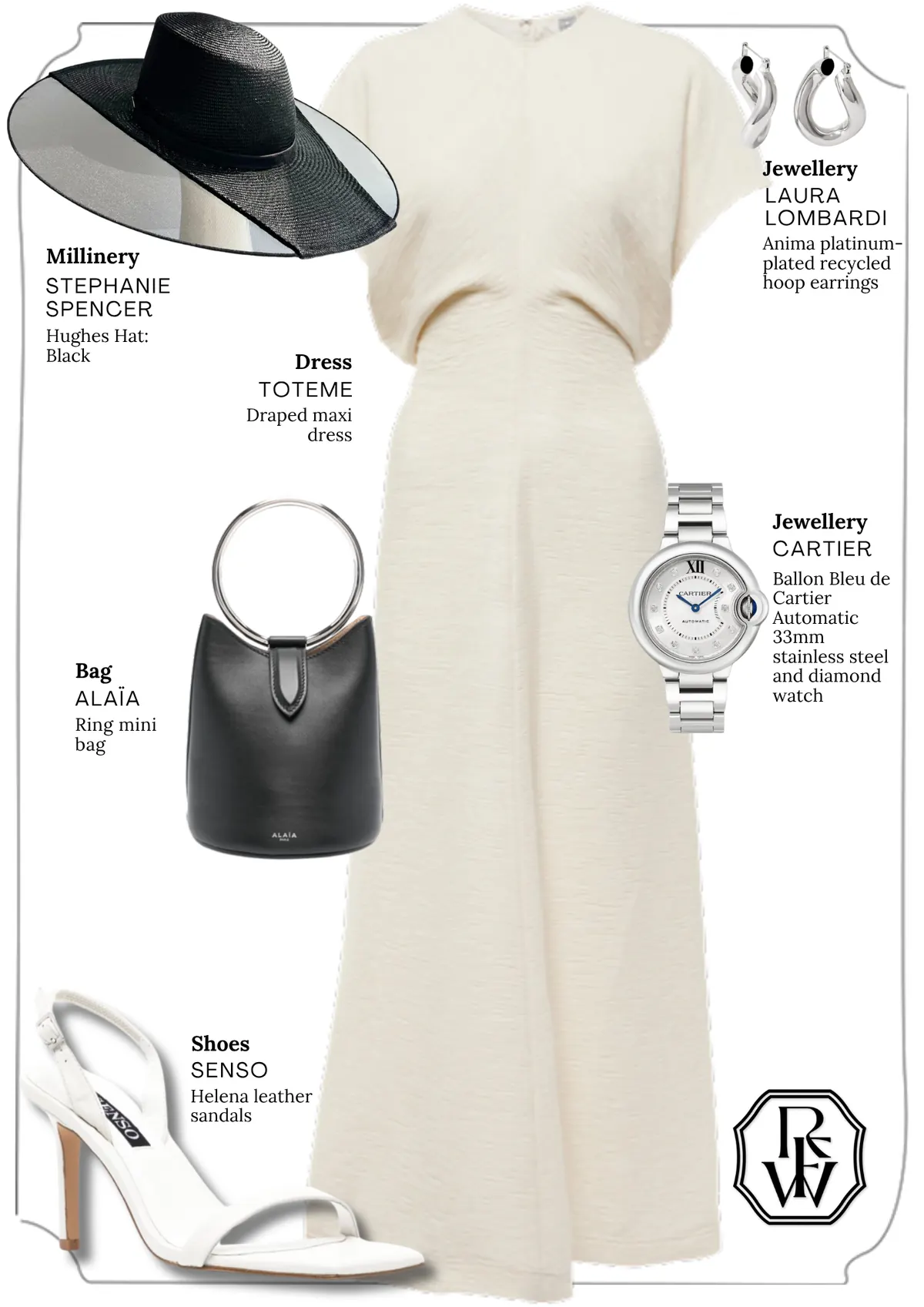 Derby Day Style Guide, page 11: LAURA LOMBARDI Anima platinumplated recycled hoop earrings; STEPHANIE SPENCER Hughes Hat: Black; TOTEME Draped maxi; CARTIER Ballon Bleu de Cartier Automatic 33mm stainless steel and diamond watch; ALAÏA Ring mini; SENSO Helena leather sandals