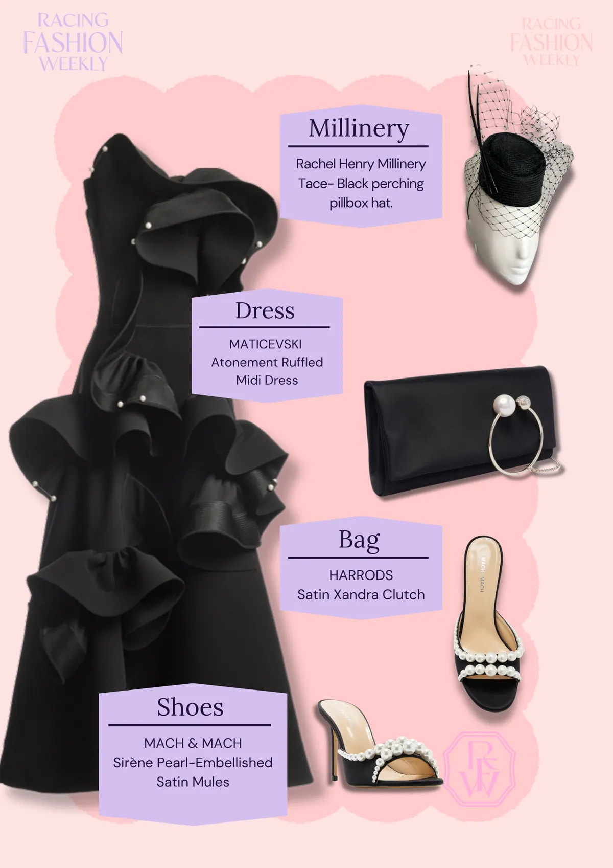 Derby Day: The Looks, page 2: Rachel Henry Millinery Tace- Black perching pillbox hat.; MATICEVSKI Atonement Ruffled Midi Dress; HARRODS Satin Xandra Clutch; MACH & MACH Sirène Pearl-Embellished Satin Mules
