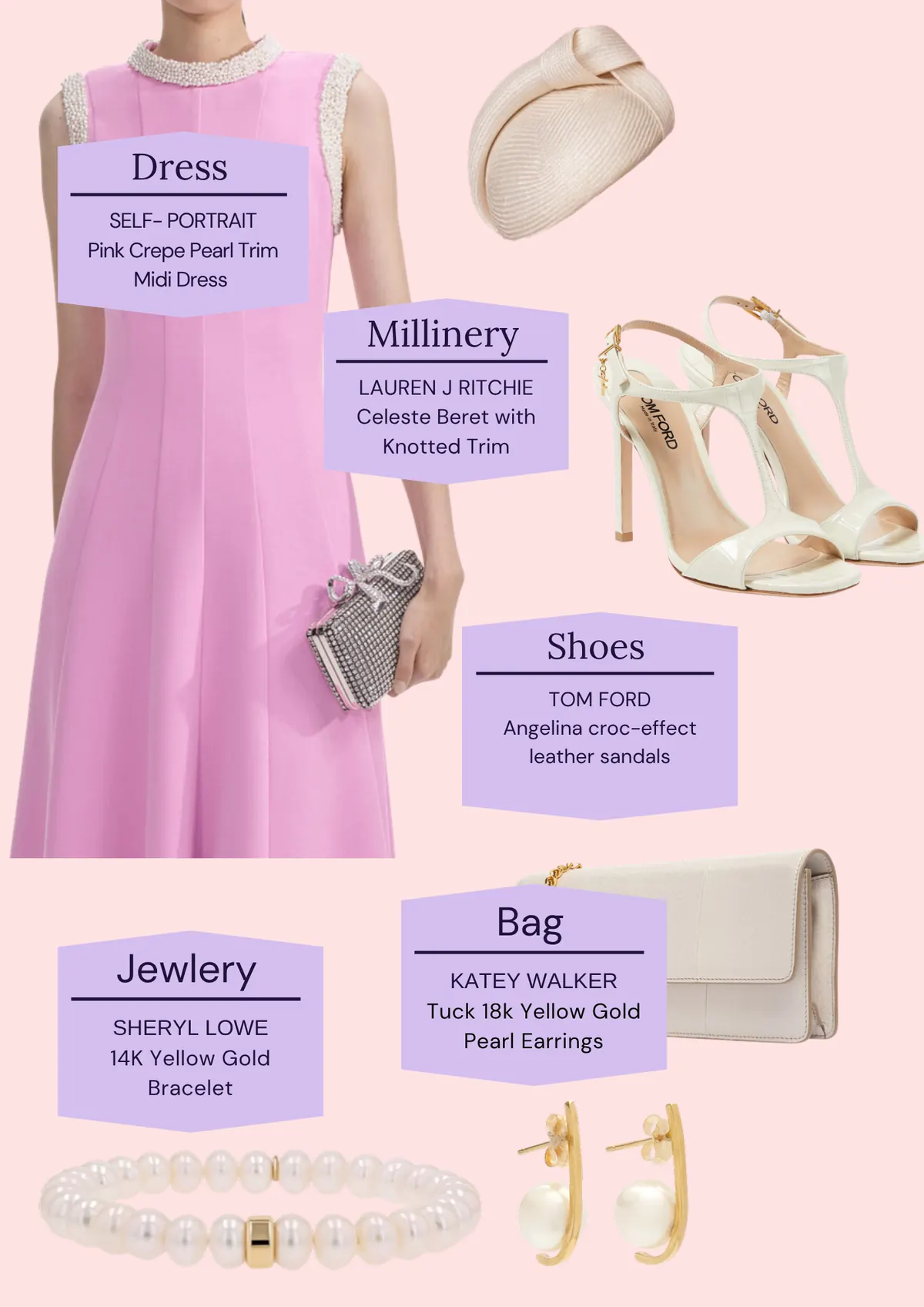 Derby Day: The Looks, page 4: SELF- PORTRAIT Pink Crepe Pearl Trim Midi Dress; LAUREN J RITCHIE Celeste Beret with Knotted Trim; TOM FORD Angelina croc-effect leather sandals; Jewlery SHERYL LOWE 14K Yellow Gold; KATEY WALKER Tuck 18k Yellow Gold Pearl Earrings