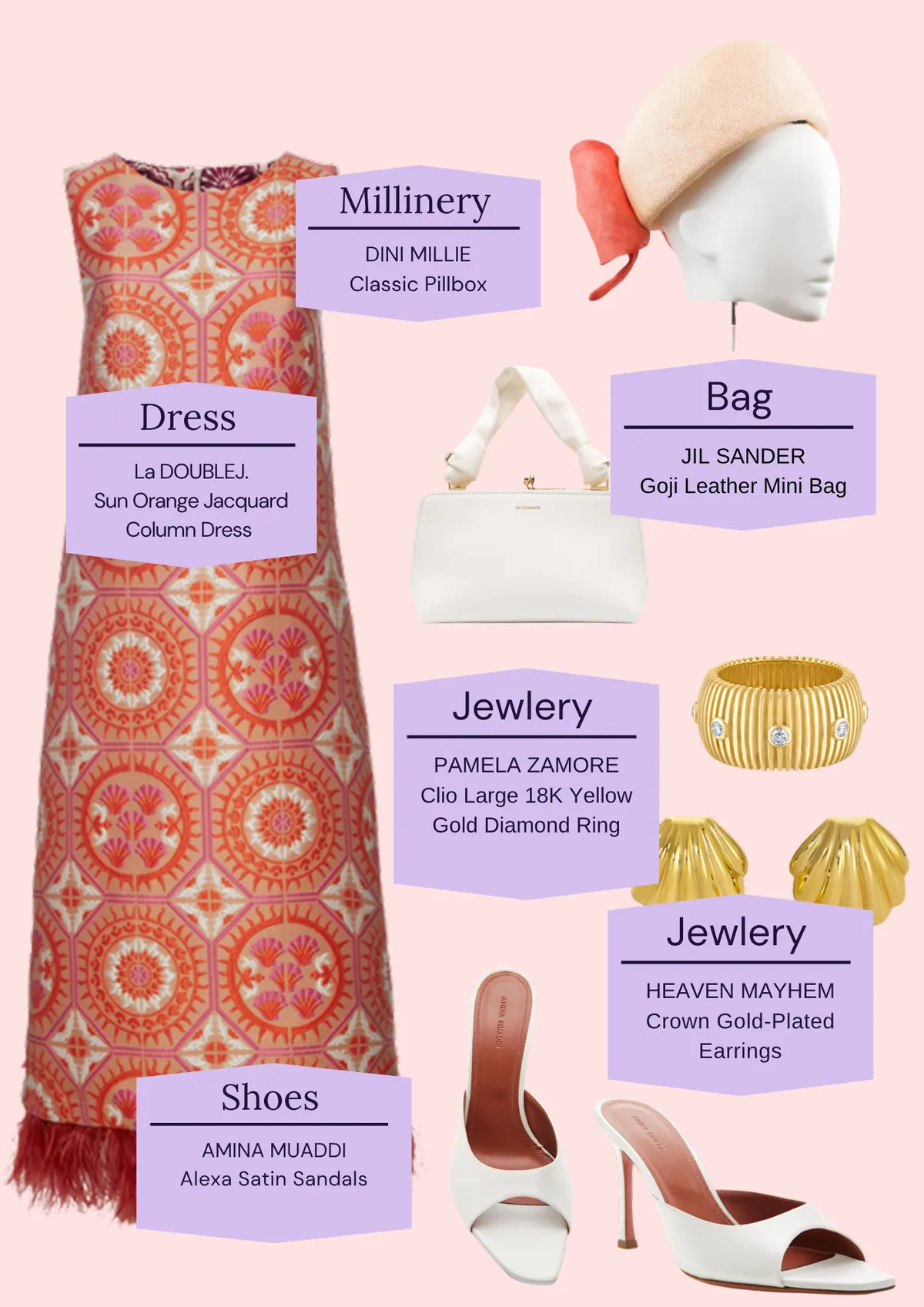Derby Day: The Looks, page 5: DINI MILLIE Classic Pillbox; JIL SANDER Goji Leather Mini Bag; La DOUBLEJ. Sun Orange Jacquard Column Dress; Jewlery PAMELA ZAMORE Clio Large 18K Yellow Gold Diamond Ring; Jewlery HEAVEN MAYHEM Crown Gold-Plated; AMINA MUADDI Alexa Satin Sandals