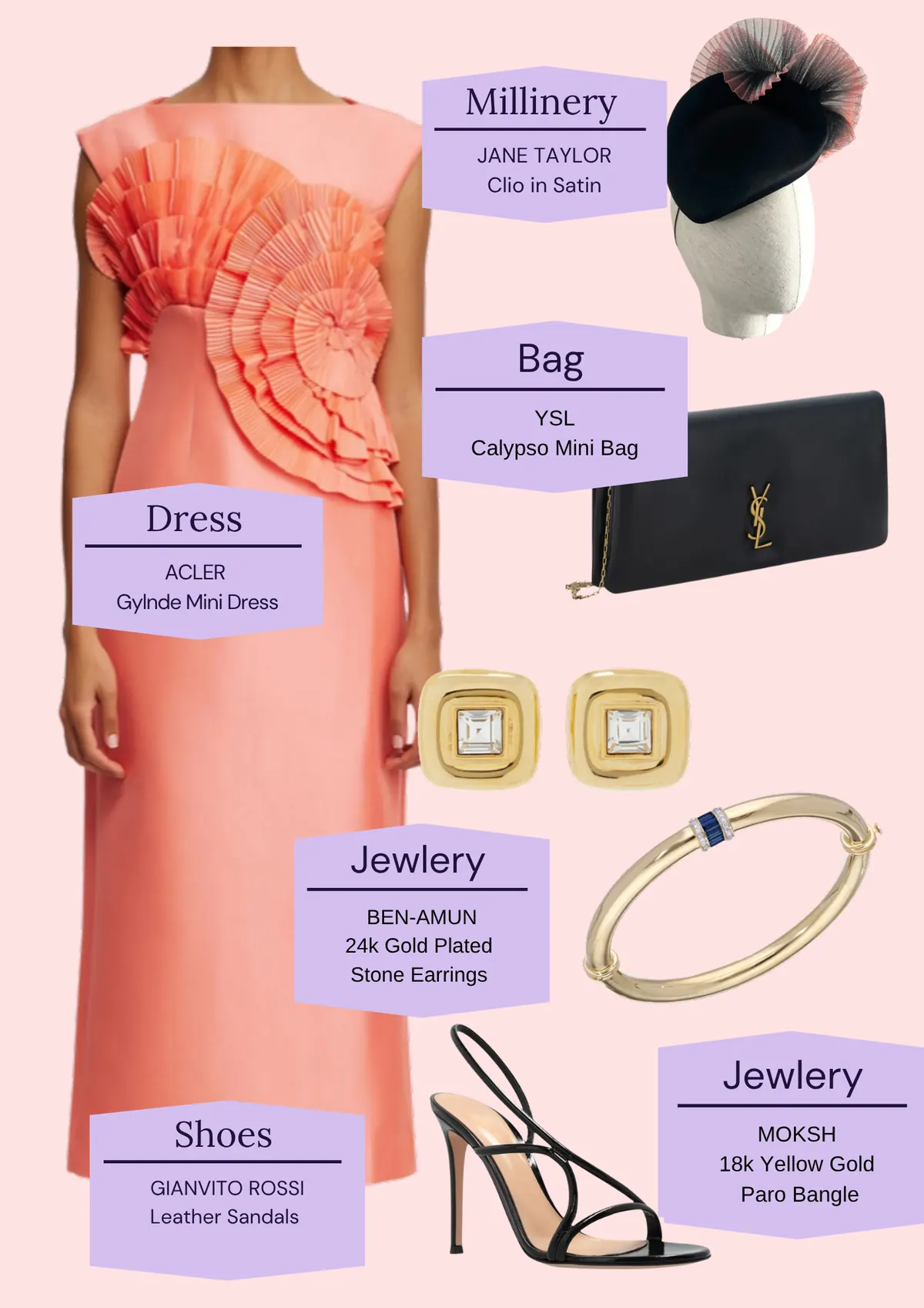 Derby Day: The Looks, page 6: JANE TAYLOR Clio in Satin; YSL Calypso Mini Bag; ACLER Gylnde Mini Dress; Jewlery BEN-AMUN 24k Gold Plated Stone Earrings; Jewlery Jewlery GIANVITO ROSSI Leather Sandals; MOKSH MOKSH 18k 18kYellow YellowGold Gold Paro ParoBangle Bangle