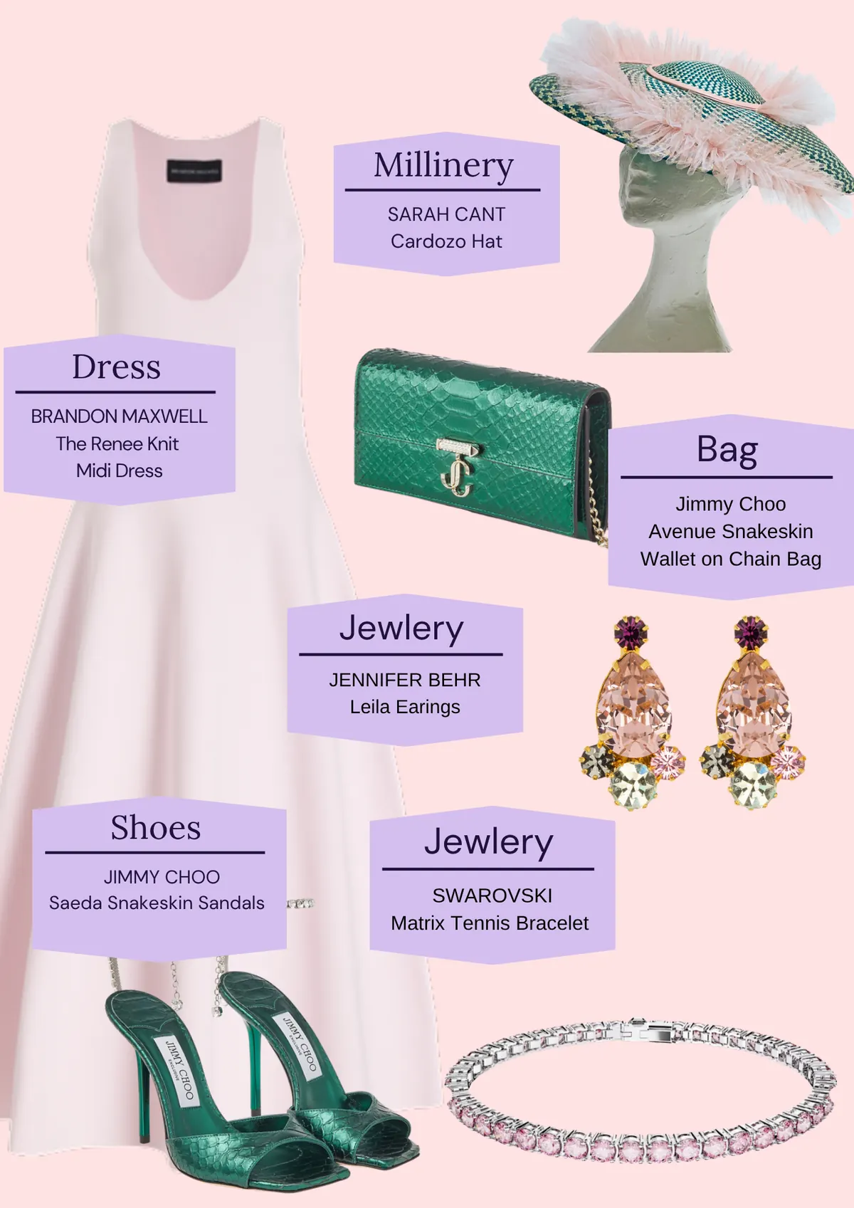 Derby Day: The Looks, page 7: SARAH CANT Cardozo Hat; BRANDON MAXWELL The Renee Knit Midi Dress; Jimmy Choo Avenue Snakeskin Wallet on Chain Bag; Jewlery JENNIFER BEHR Leila Earings; JIMMY CHOO Saeda Snakeskin Sandals; Jewlery SWAROVSKI Matrix Tennis Bracelet
