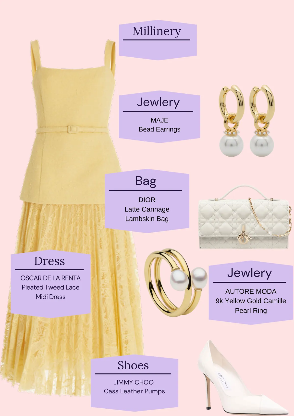 Derby Day: The Looks, page 9: Jewlery MAJE Bead Earrings; DIOR Latte Cannage Lambskin Bag; Jewlery; OSCAR DE LA RENTA Pleated Tweed Lace Midi Dress; AUTORE MODA 9k Yellow Gold Camille Pearl Ring; JIMMY CHOO Cass Leather Pumps