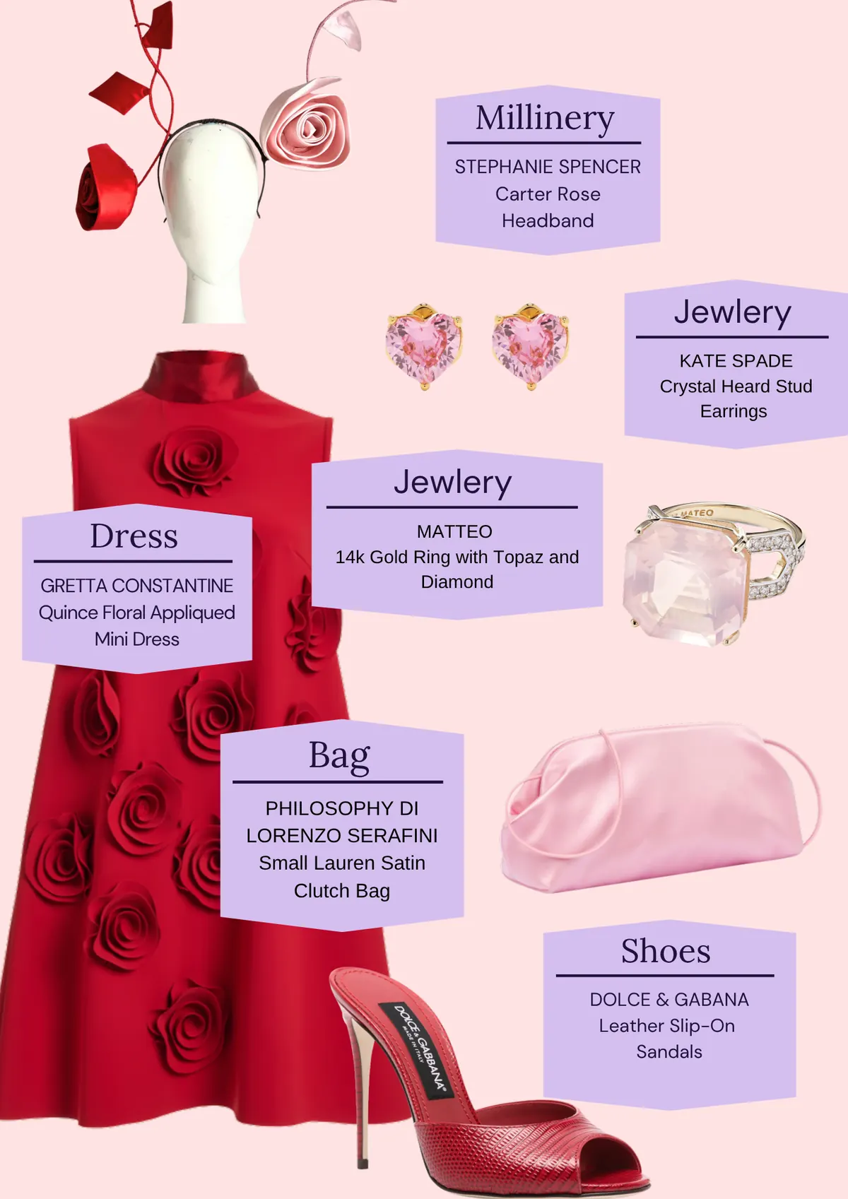 Derby Day: The Looks, page 10: STEPHANIE SPENCER Carter Rose Headband; Jewlery KATE SPADE Crystal Heard Stud; Jewlery; GRETTA CONSTANTINE Quince Floral Appliqued Mini Dress; MATTEO 14k Gold Ring with Topaz and Diamond; PHILOSOPHY DI LORENZO SERAFINI Small Lauren Satin Clutch Bag; DOLCE & GABANA…