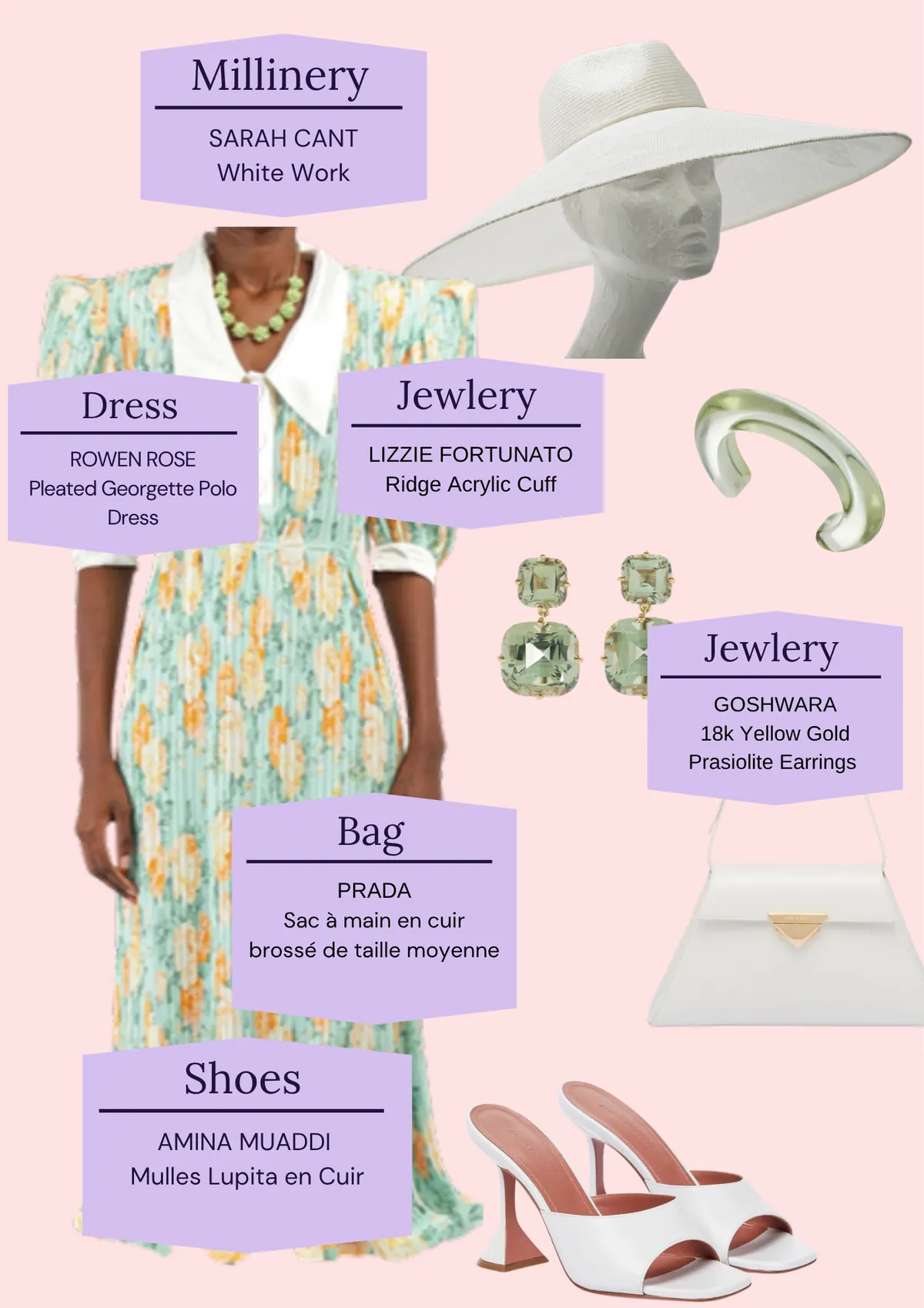 Derby Day: The Looks, page 13: SARAH CANT White Work; Jewlery; LIZZIE FORTUNATO Ridge Acrylic Cuff; ROWEN ROSE Pleated Georgette Polo; Jewlery GOSHWARA 18k Yellow Gold Prasiolite Earrings; PRADA Sac à main en cuir brossé de taille moyenne; AMINA MUADDI Mulles Lupita en Cuir