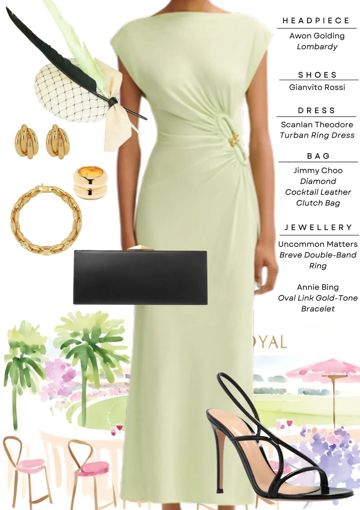Everest Carnival Style Guide, page 2: Awon Golding Lombardy; Gianvito Rossi; Scanlan Theodore Turban Ring Dress; Jimmy Choo Diamond Cocktail Leather Clutch Bag; Uncommon Matters Breve Double-Band Annie Bing Oval Link Gold-Tone