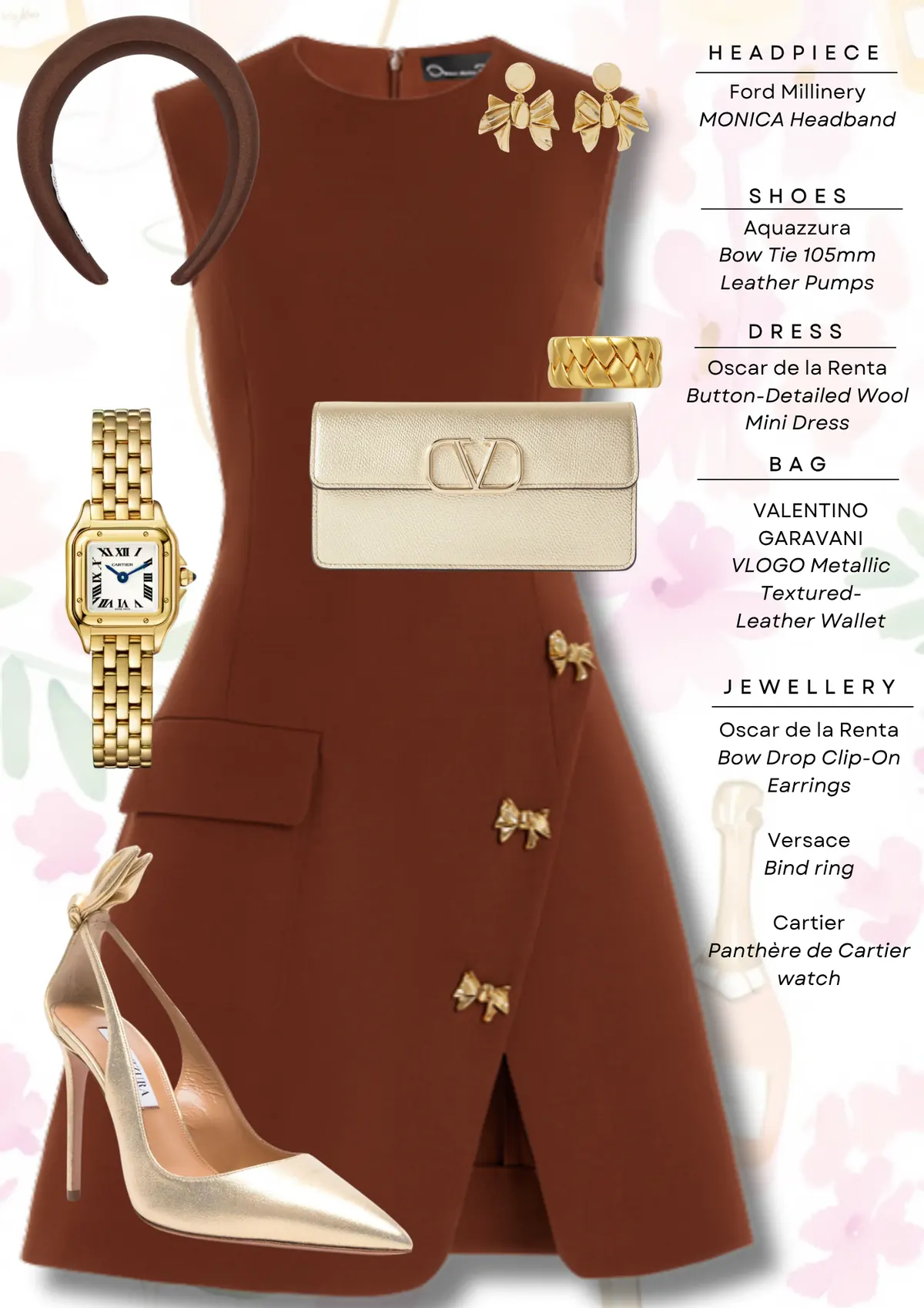 Everest Carnival Style Guide, page 3: Ford Millinery MONICA Headband; Aquazzura Bow Tie 105mm Leather Pumps; Oscar de la Renta Button-Detailed Wool Mini Dress; VALENTINO GARAVANI VLOGO Metallic TexturedLeather Wallet; Oscar de la Renta Bow Drop Clip-On Versace Bind ring Cartier Panthère de…