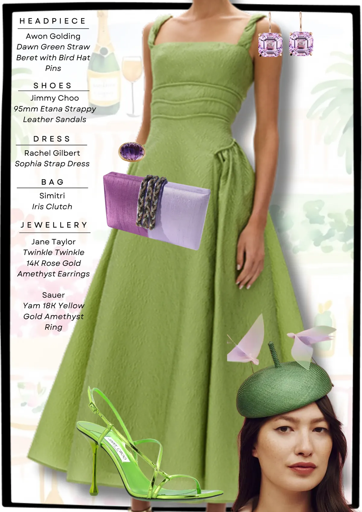 Everest Carnival Style Guide, page 4: Awon Golding Dawn Green Straw Beret with Bird Hat Pins; Jimmy Choo 95mm Etana Strappy Leather Sandals; Rachel Gilbert Sophia Strap Dress; Simitri Iris Clutch; Jane Taylor Twinkle Twinkle 14K Rose Gold Amethyst Earrings Sauer Yam 18K Yellow Gold Amethyst