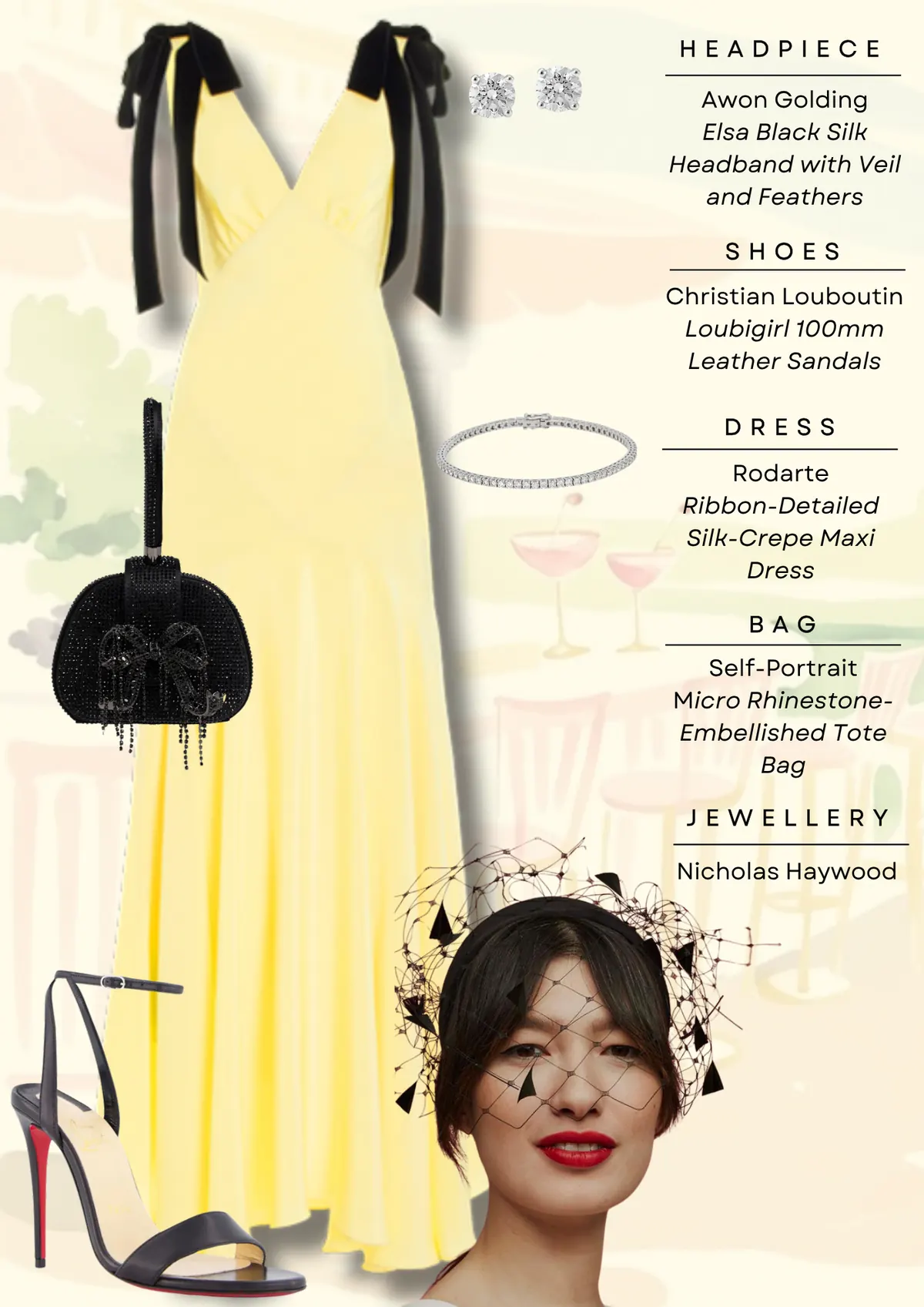 Everest Carnival Style Guide, page 7: Awon Golding Elsa Black Silk Headband with Veil and Feathers; Christian Louboutin Loubigirl 100mm Leather Sandals; Rodarte Ribbon-Detailed Silk-Crepe Maxi; Self-Portrait Micro RhinestoneEmbellished Tote; Nicholas Haywood