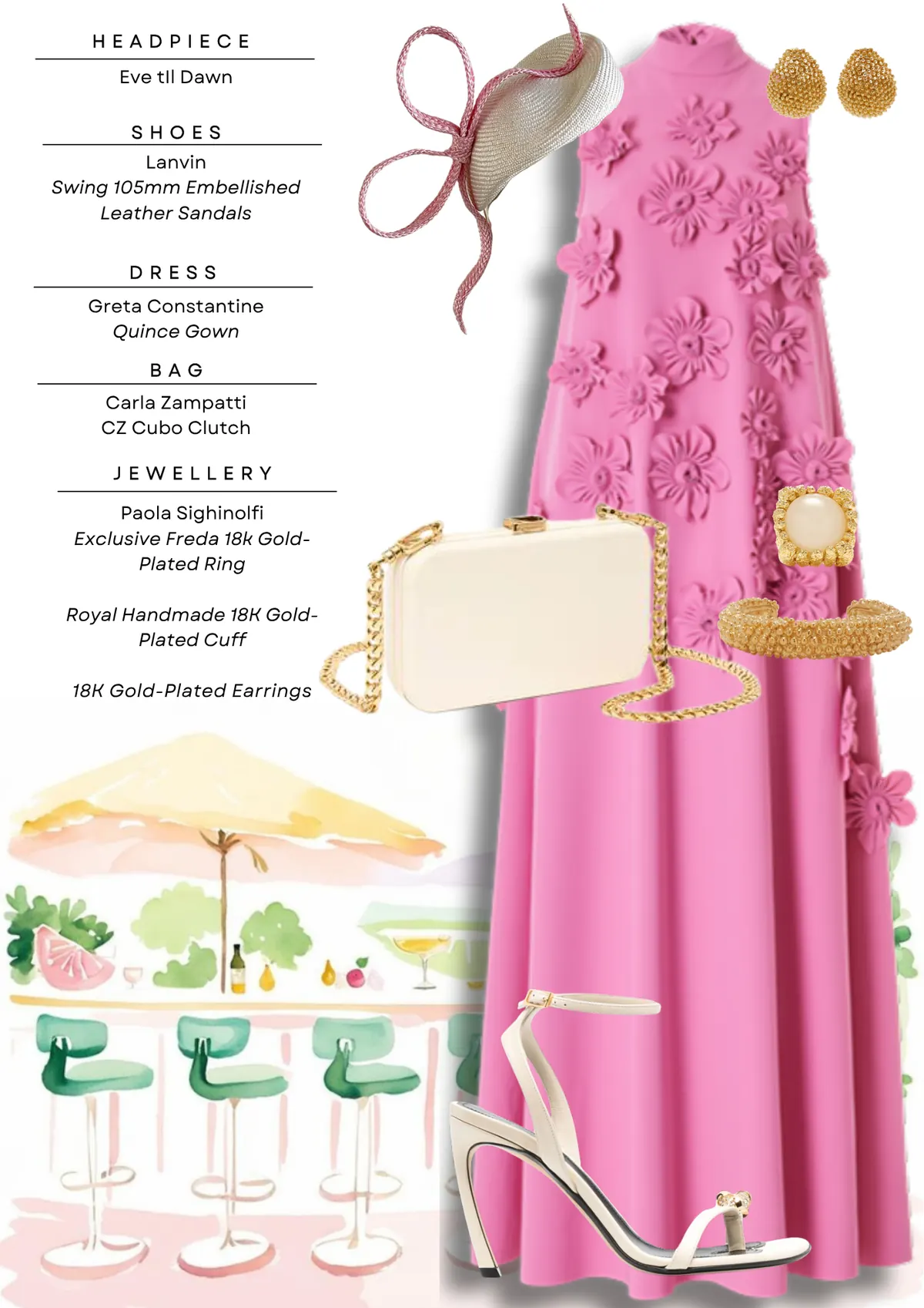 Everest Carnival Style Guide, page 8: Eve tIl Dawn; Lanvin Swing 105mm Embellished Leather Sandals; Greta Constantine Quince Gown; Carla Zampatti CZ Cubo Clutch; Paola Sighinolfi Exclusive Freda 18k GoldPlated Ring Royal Handmade 18K GoldPlated Cuff 18K Gold-Plated Earrings