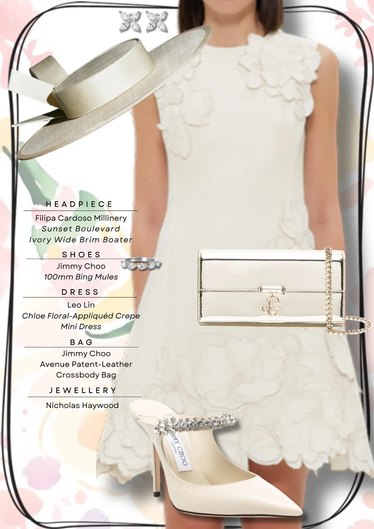 Everest Carnival Style Guide, page 9: Filipa Cardoso Millinery Sunset Boulevard Ivory Wide Brim Boater; Jimmy Choo 100mm Bing Mules; Leo Lin Chloe Floral-Appliquéd Crepe Mini Dress; Jimmy Choo Avenue Patent-Leather Crossbody Bag; Nicholas Haywood