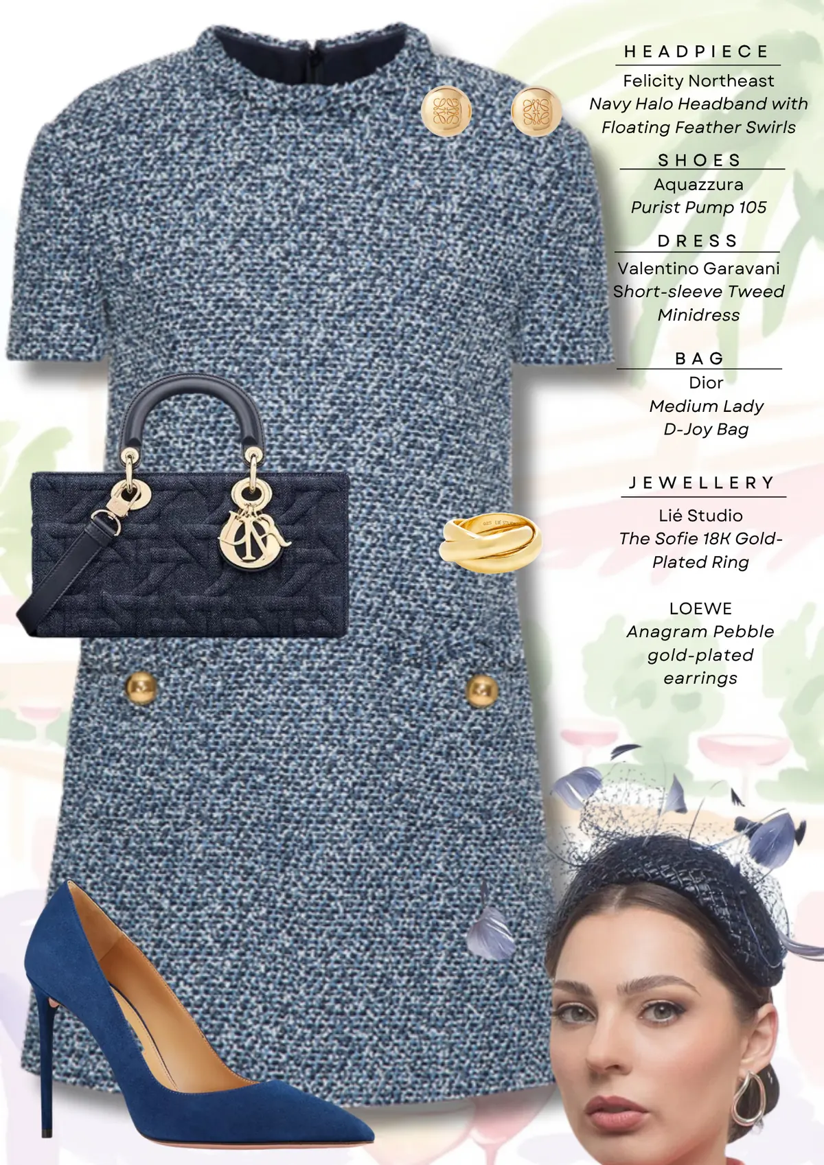Everest Carnival Style Guide, page 14: Felicity Northeast Navy Halo Headband with Floating Feather Swirls; Aquazzura Purist Pump 105; Valentino Garavani Short-sleeve Tweed Minidress; Dior Medium Lady D-Joy Bag; Lié Studio The Sofie 18K GoldPlated Ring LOEWE Anagram Pebble gold-plated
