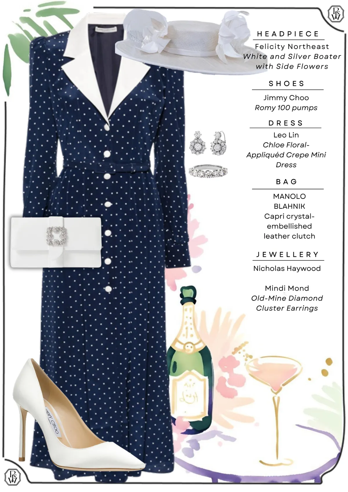 Everest Carnival Style Guide, page 15: Felicity Northeast White and Silver Boater with Side Flowers; Jimmy Choo Romy 100 pumps; Leo Lin Chloe FloralAppliquéd Crepe Mini; MANOLO BLAHNIK Capri crystalembellished leather clutch; Nicholas Haywood Mindi Mond Old-Mine Diamond Cluster Earrings