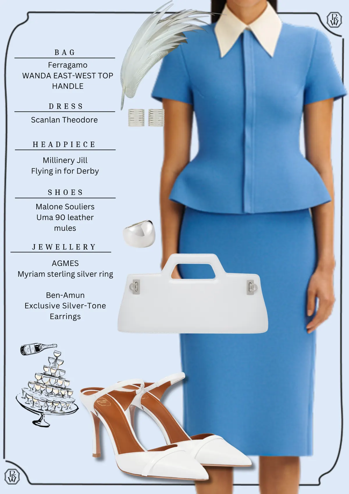 Everest Day Style, page 2: Ferragamo WANDA EAST-WEST TOP HANDLE; Scanlan Theodore; Millinery Jill Flying in for Derby; Malone Souliers Uma 90 leather mules; AGMES Myriam sterling silver ring Ben-Amun Exclusive Silver-Tone