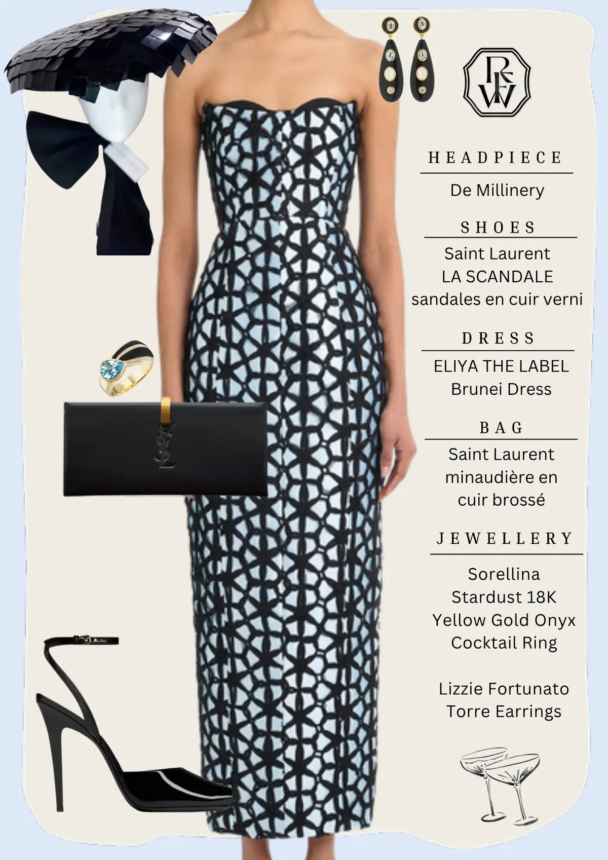 Everest Day Style, page 3: De Millinery; Saint Laurent LA SCANDALE sandales en cuir verni; ELIYA THE LABEL Brunei Dress; Saint Laurent minaudière en cuir brossé; Sorellina Stardust 18K Yellow Gold Onyx Cocktail Ring Lizzie Fortunato Torre Earrings