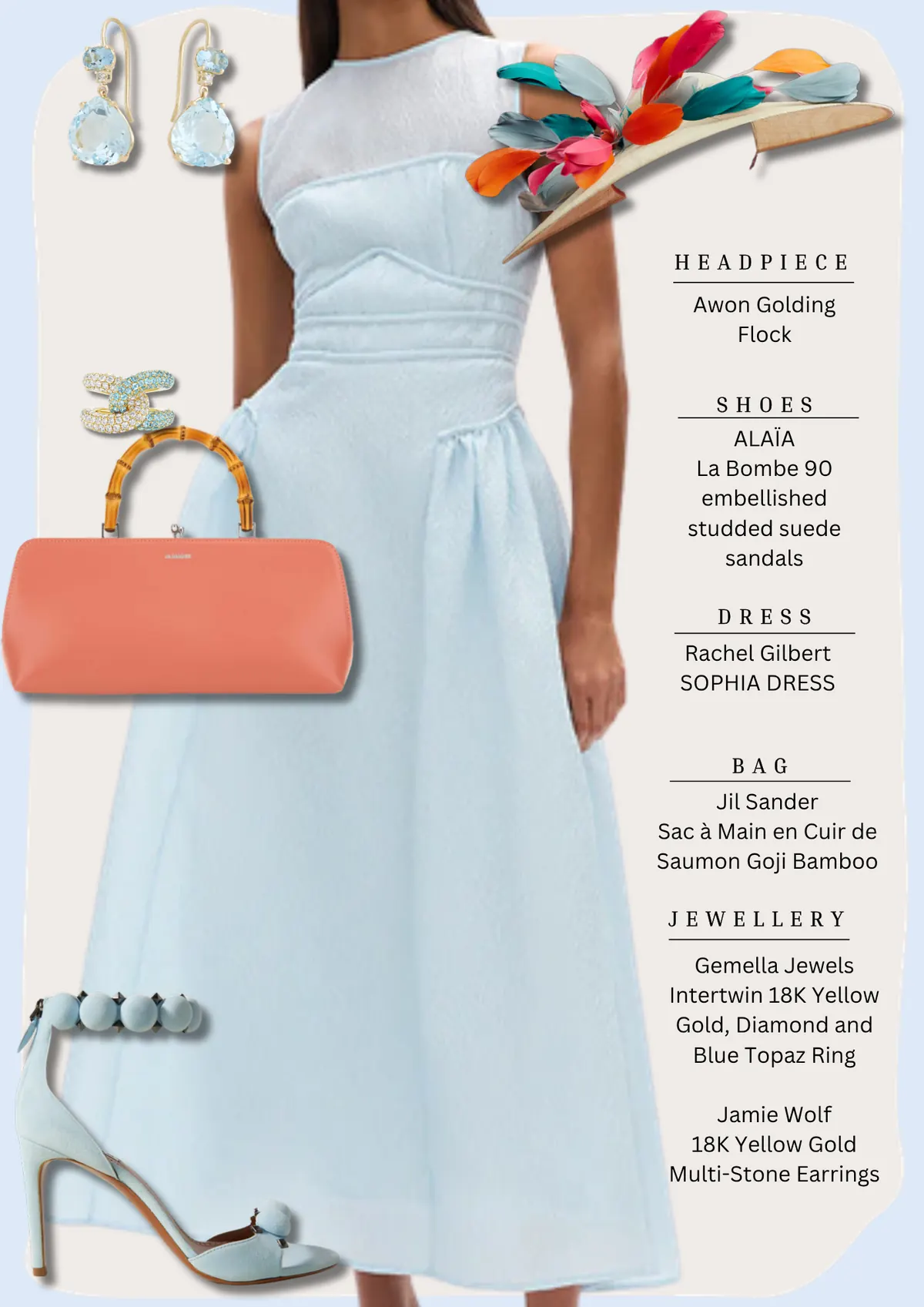 Everest Day Style, page 5: Awon Golding Flock; ALAÏA embellished studded suede sandals; Rachel Gilbert SOPHIA DRESS; Jil Sander Sac à Main en Cuir de Saumon Goji Bamboo; Gemella Jewels Intertwin 18K Yellow Gold, Diamond and Blue Topaz Ring Jamie Wolf 18K Yellow Gold Multi-Stone Earrings