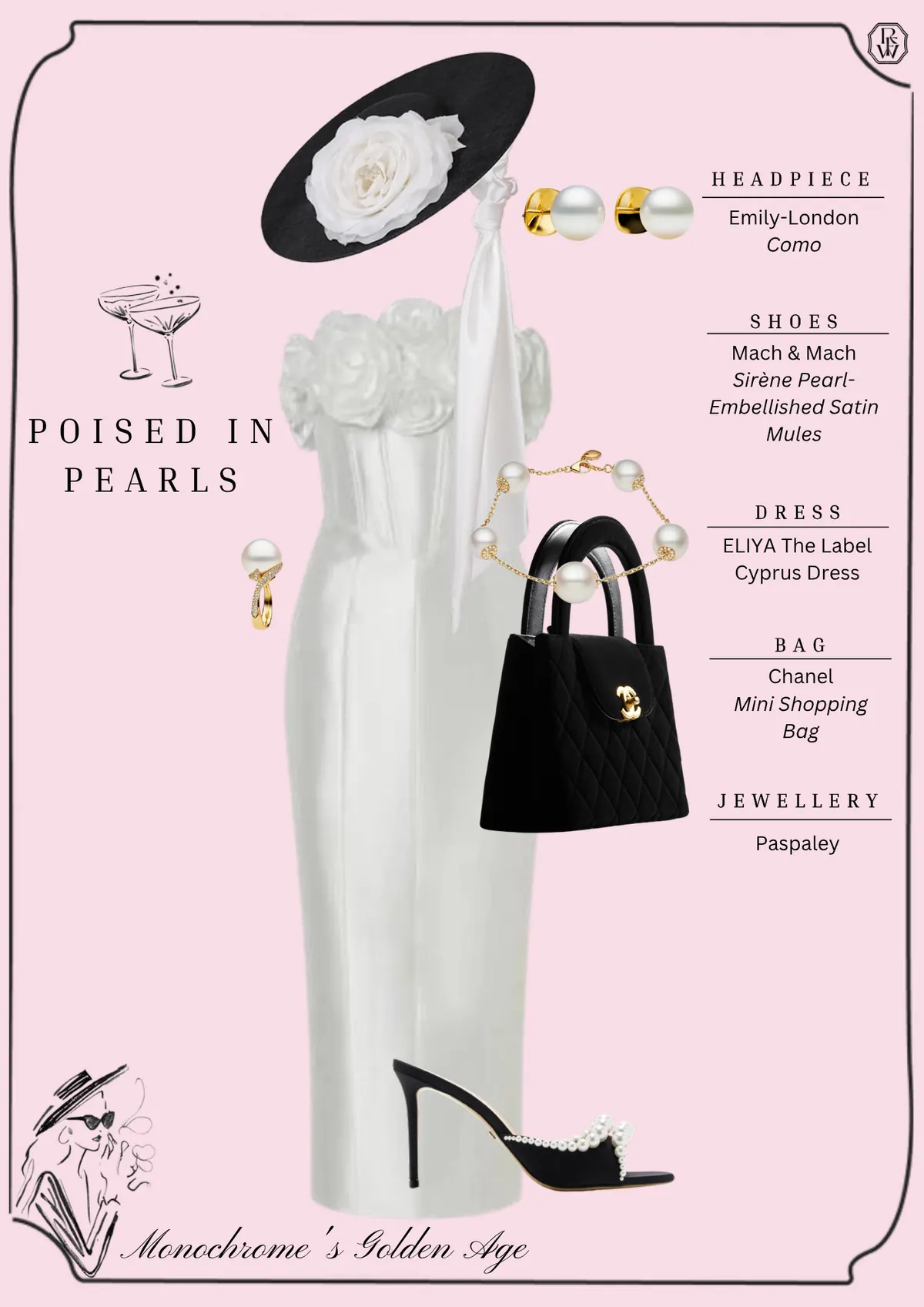 Spring Style Guide, page 2: Emily-London Como; POISED IN PEARLS; Mach & Mach Sirène PearlEmbellished Satin Mules; ELIYA The Label Cyprus Dress; Chanel Mini Shopping; Paspaley; Monochrome's Golden Age