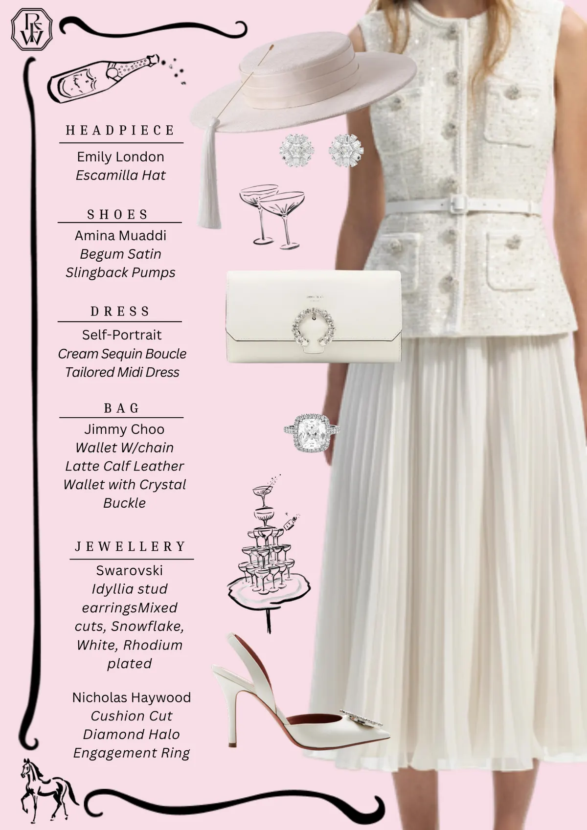 Spring Style Guide, page 4: Emily London Escamilla Hat; Amina Muaddi Begum Satin Slingback Pumps; Self-Portrait Cream Sequin Boucle Tailored Midi Dress; Jimmy Choo Wallet W/chain Latte Calf Leather Wallet with Crystal Buckle; Swarovski Idyllia stud earringsMixed cuts, Snowflake, White, Rhodium…