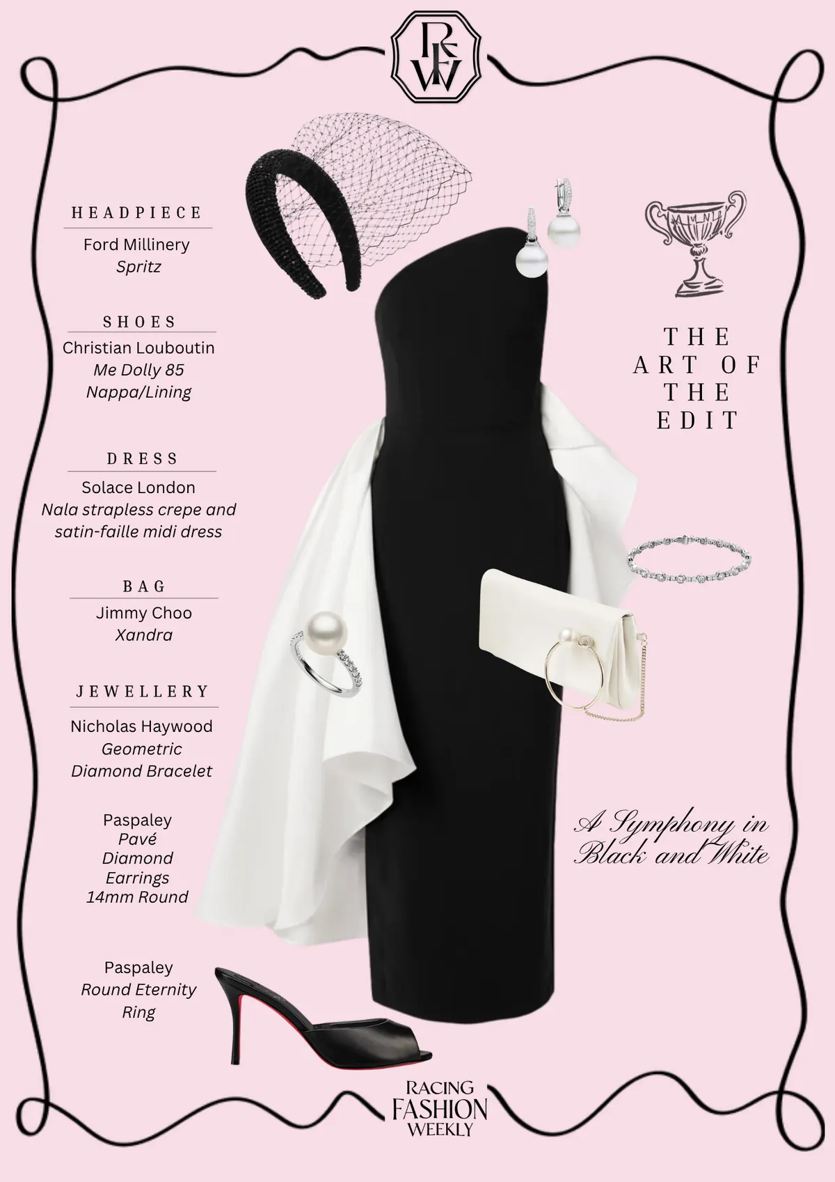 Spring Style Guide, page 5: Ford Millinery Spritz; Christian Louboutin Nappa/Lining; THE ART OF THE EDIT; Solace London Nala strapless crepe and satin-faille midi dress; Jimmy Choo Xandra; Nicholas Haywood Geometric Diamond Bracelet; Paspaley Pavé Diamond 14mm Round; Paspaley Round Eternity;…