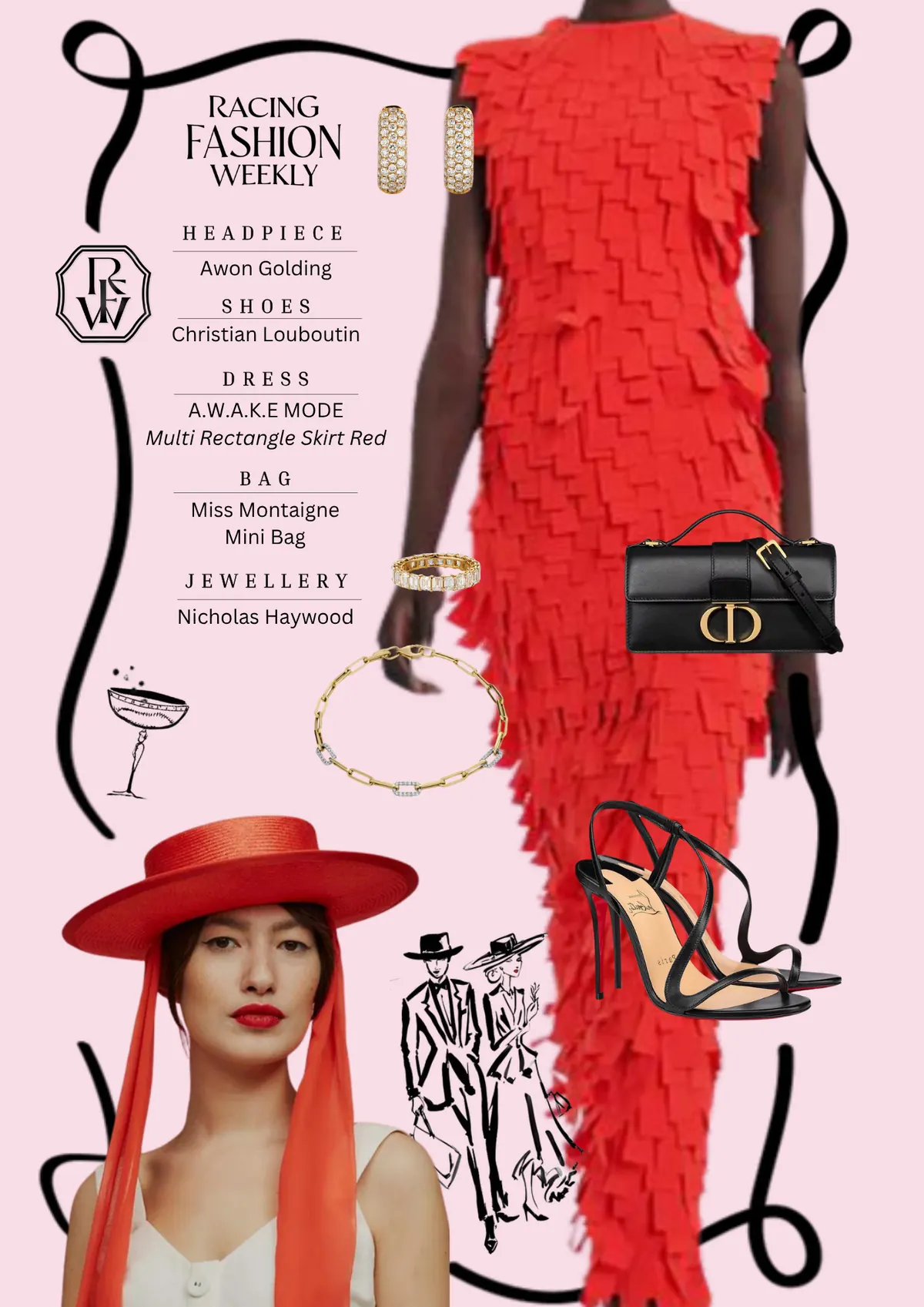 Spring Style Guide, page 7: Awon Golding; Christian Louboutin A.W.A.K.E MODE Multi Rectangle Skirt Red; Miss Montaigne Mini Bag; Nicholas Haywood