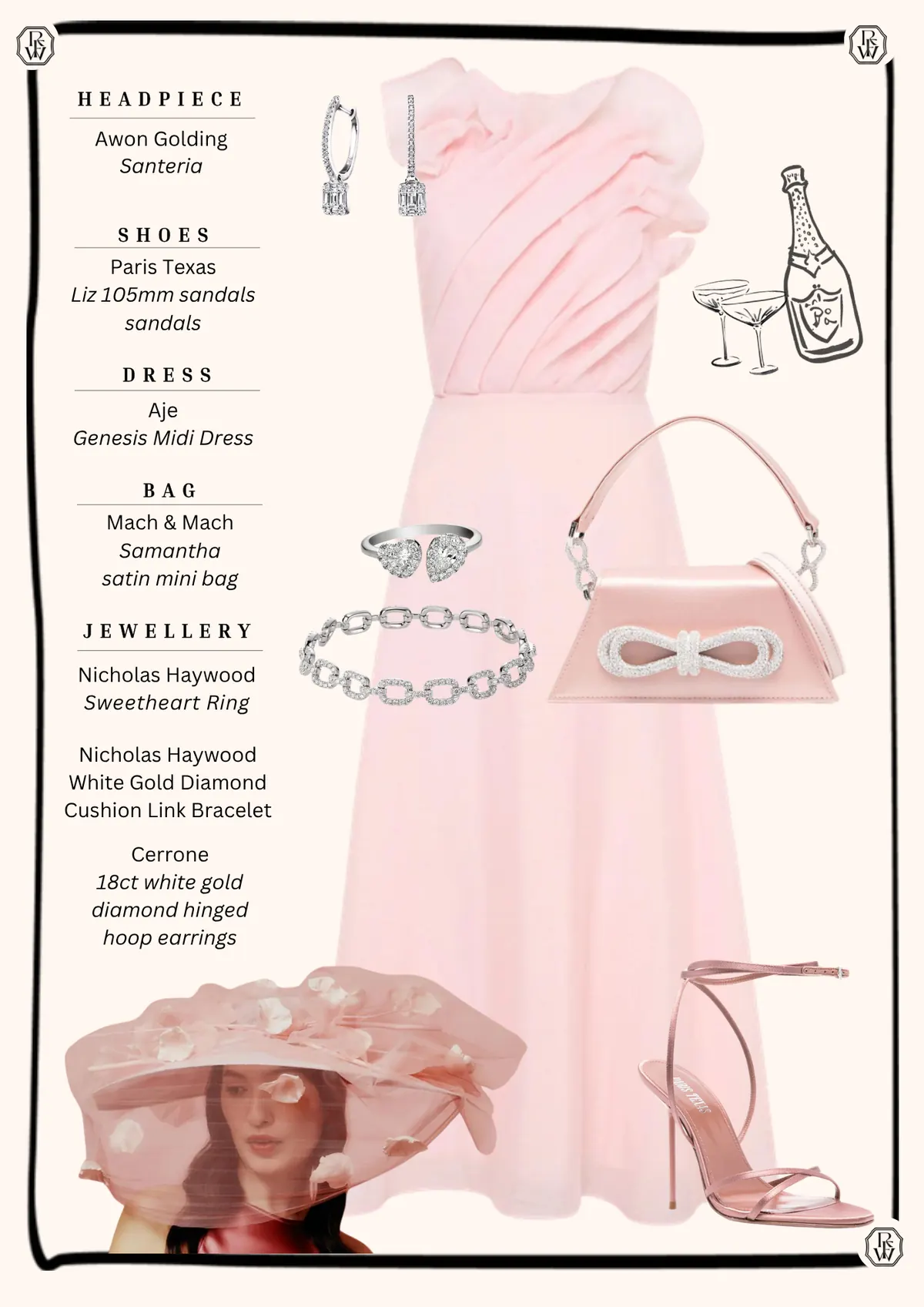Spring Style Guide, page 9: Awon Golding Santeria; Paris Texas Liz 105mm sandals sandals; Aje Genesis Midi Dress; Mach & Mach Samantha satin mini bag Nicholas Haywood Sweetheart Ring; Nicholas Haywood White Gold Diamond Cushion Link Bracelet; Cerrone 18ct white gold diamond hinged hoop earrings