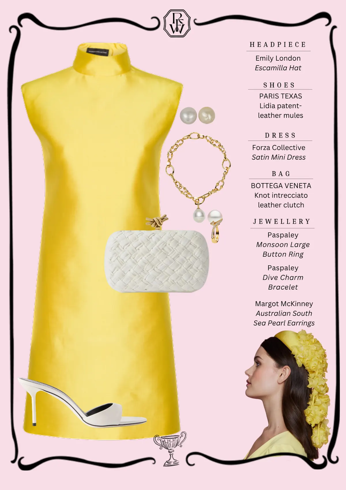 Spring Style Guide, page 10: Emily London Escamilla Hat; PARIS TEXAS Lidia patentleather mules; Forza Collective Satin Mini Dress; BOTTEGA VENETA Knot intrecciato leather clutch; Paspaley Monsoon Large Button Ring Paspaley Dive Charm Margot McKinney Australian South Sea Pearl Earrings