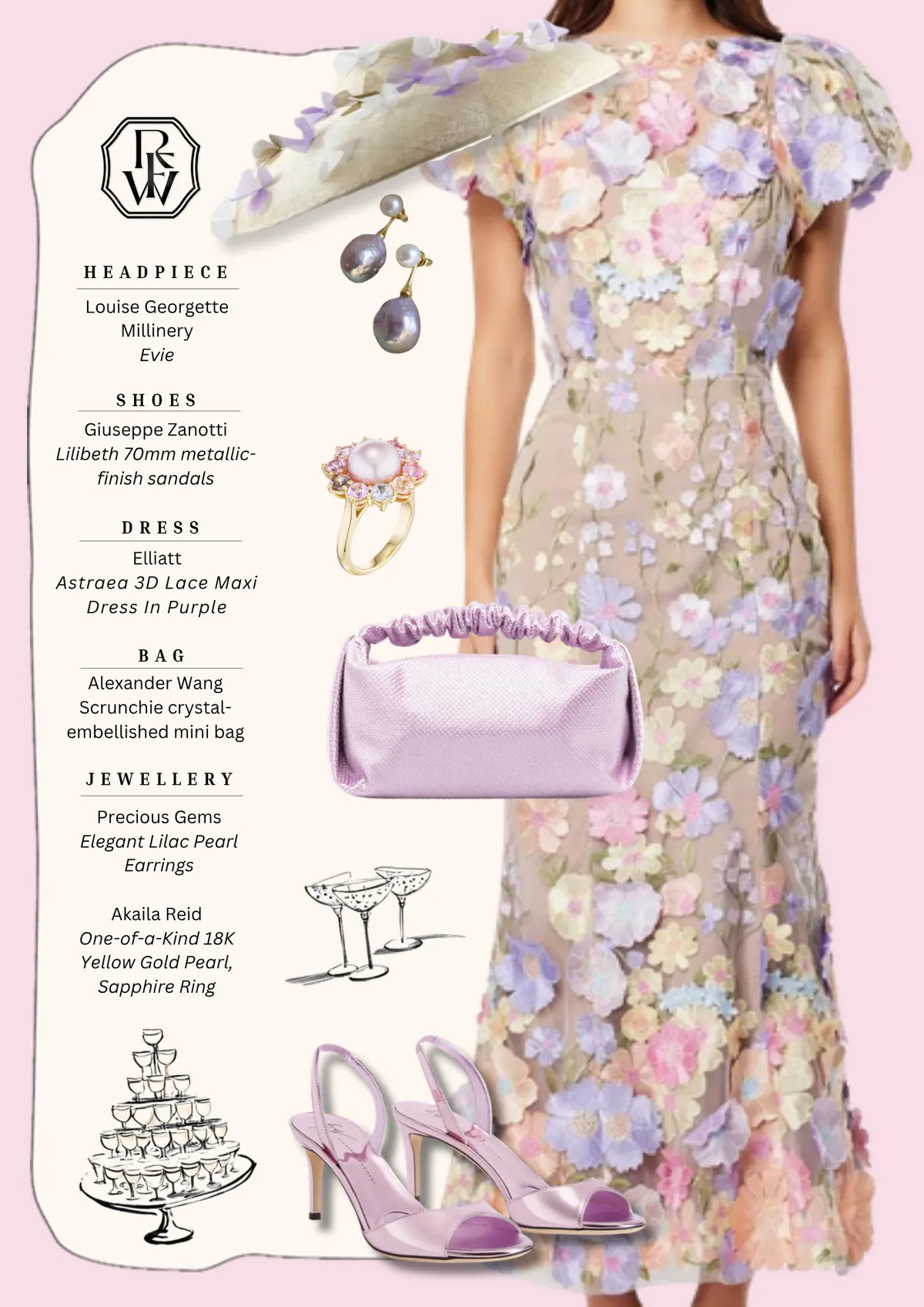 Spring Style Guide, page 13: Louise Georgette Evie; Giuseppe Zanotti Lilibeth 70mm metallicfinish sandals; Elliatt Astraea 3D Lace Maxi Dress In Purple; Alexander Wang Scrunchie crystalembellished mini bag; Precious Gems Elegant Lilac Pearl Akaila Reid One-of-a-Kind 18K Yellow Gold Pearl,…