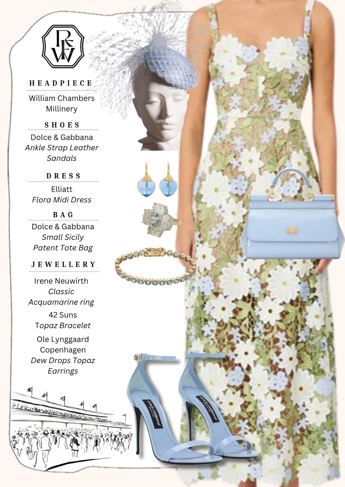 Spring Style Guide, page 14: William Chambers; Dolce & Gabbana Ankle Strap Leather Sandals; Elliatt Flora Midi Dress; Dolce & Gabbana Small Sicily Patent Tote Bag; Irene Neuwirth Classic Acquamarine ring 42 Suns Topaz Bracelet; Ole Lynggaard Copenhagen Dew Drops Topaz