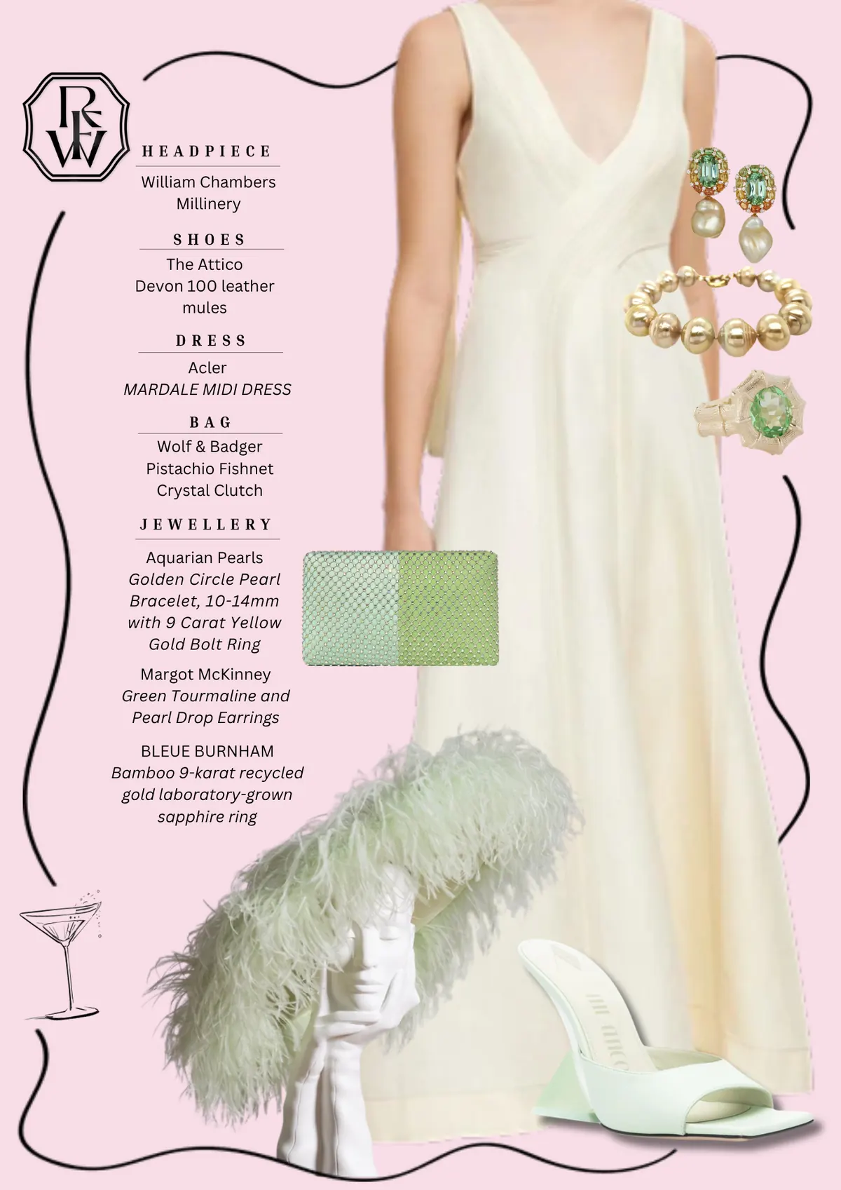 Spring Style Guide, page 15: William Chambers; The Attico Devon 100 leather mules; Acler MARDALE MIDI DRESS; Wolf & Badger Pistachio Fishnet Crystal Clutch; Aquarian Pearls Golden Circle Pearl Bracelet, 10-14mm with 9 Carat Yellow Gold Bolt Ring Margot McKinney Green Tourmaline and Pearl Drop…