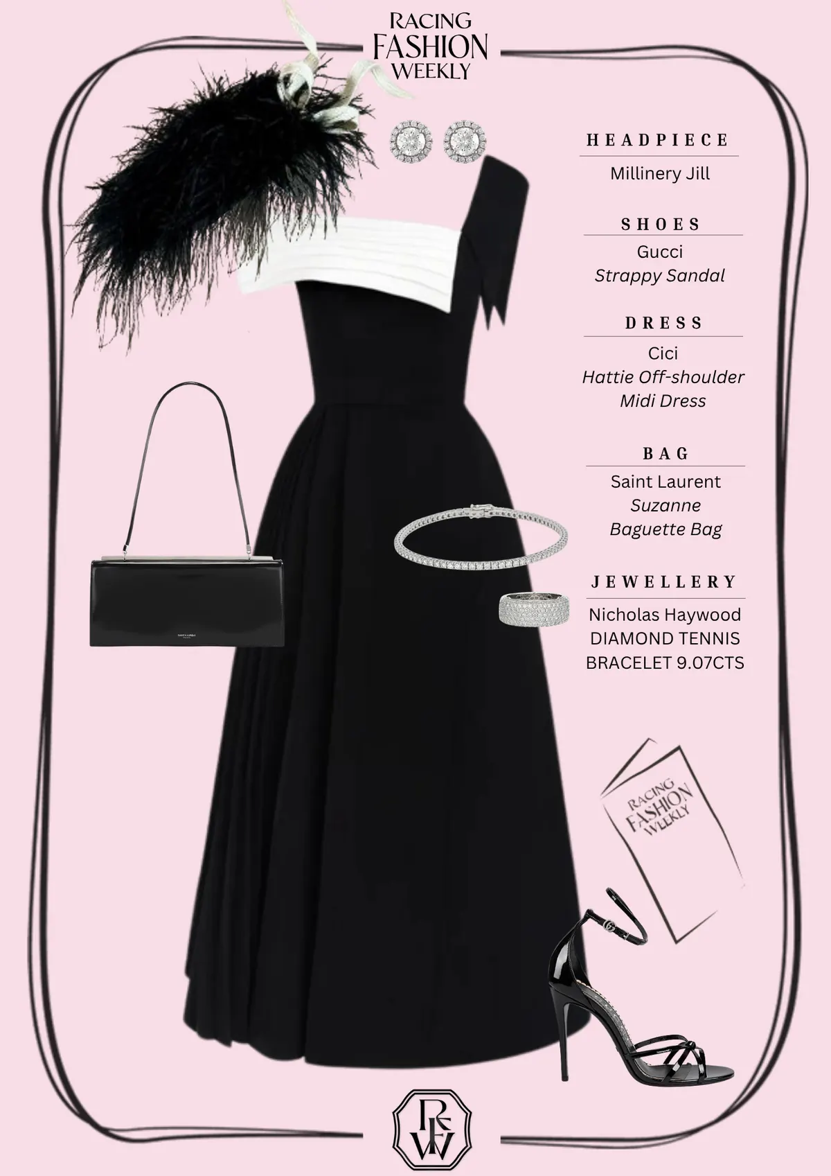 Spring Style Guide, page 16: Millinery Jill; Gucci Strappy Sandal; Cici Hattie Off-shoulder Midi Dress; Saint Laurent Suzanne Baguette Bag; Nicholas Haywood DIAMOND TENNIS BRACELET 9.07CTS
